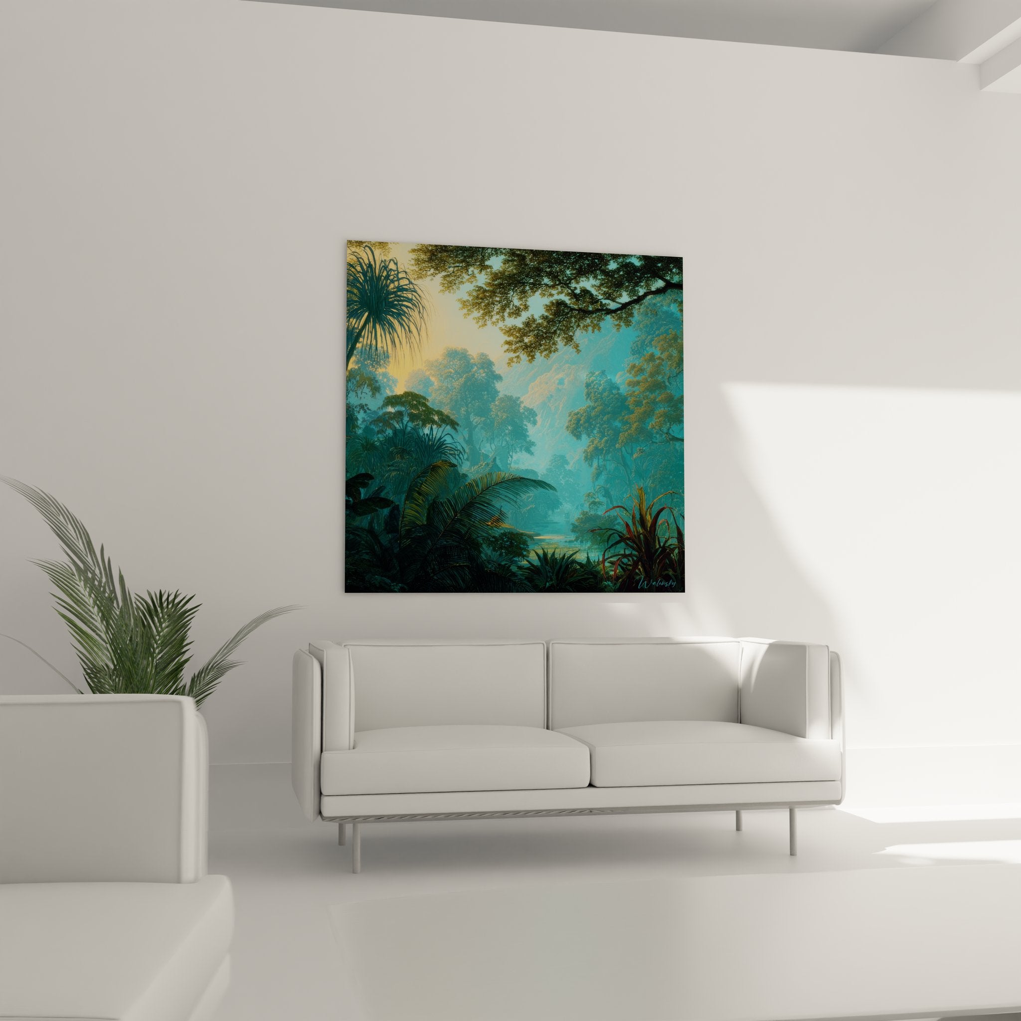 Détail tableau jungle montrant palmiers exotiques et végétation tropicale aux tons dorés