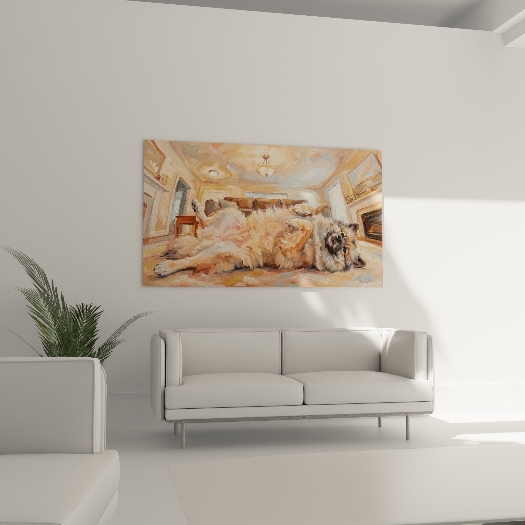 Detail tableau keeshond pelage texture soyeuse nuances dorees technique picturale