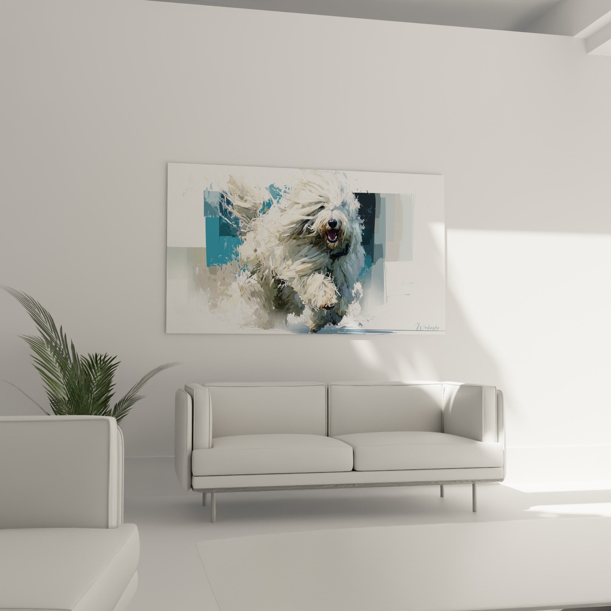 Close-up detail of Komondor painting white coat realistic texture with blue projections contemporary art