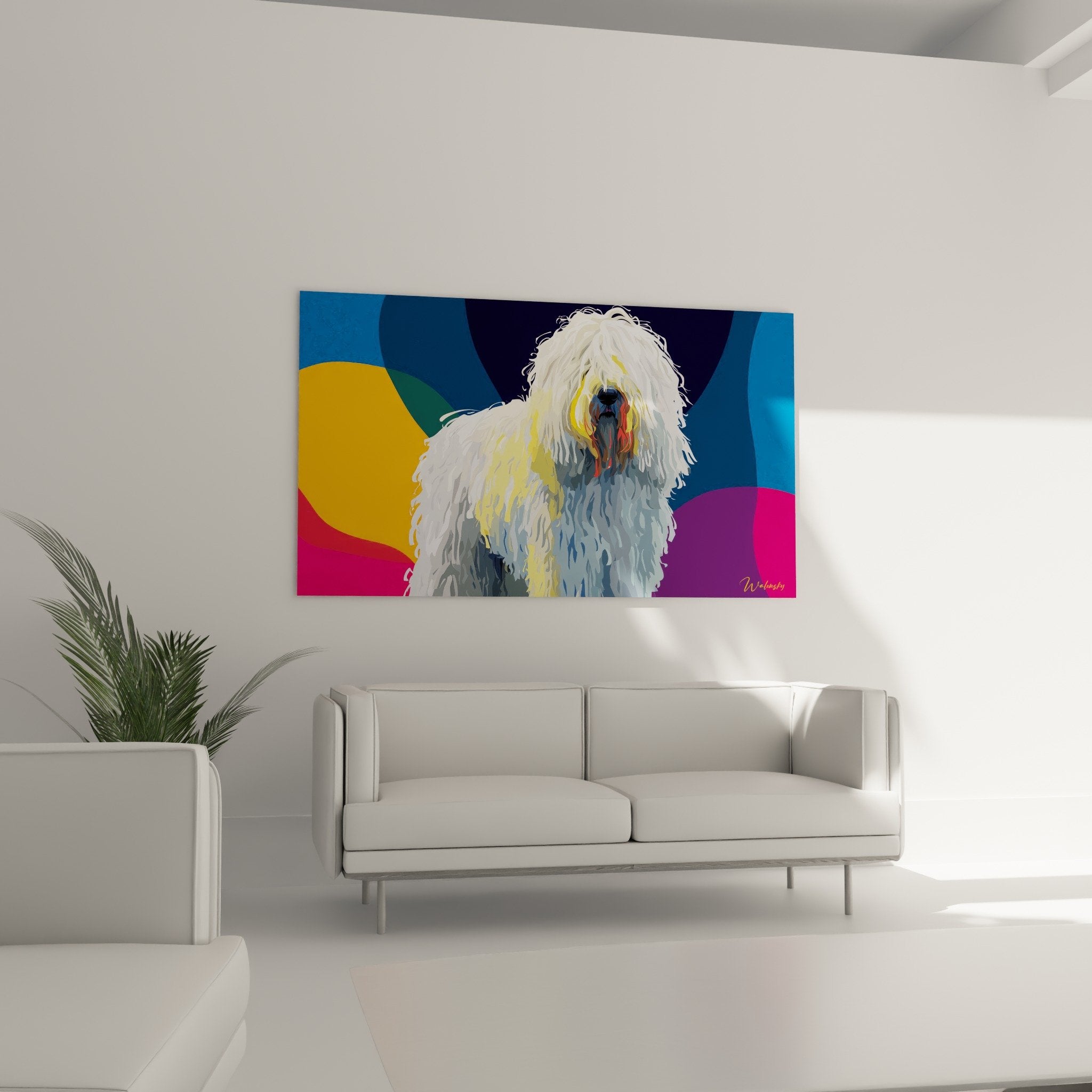Detail des Komondor-Gemäldes, das weiße Fellstruktur und farbige geometrische Formen zeigt