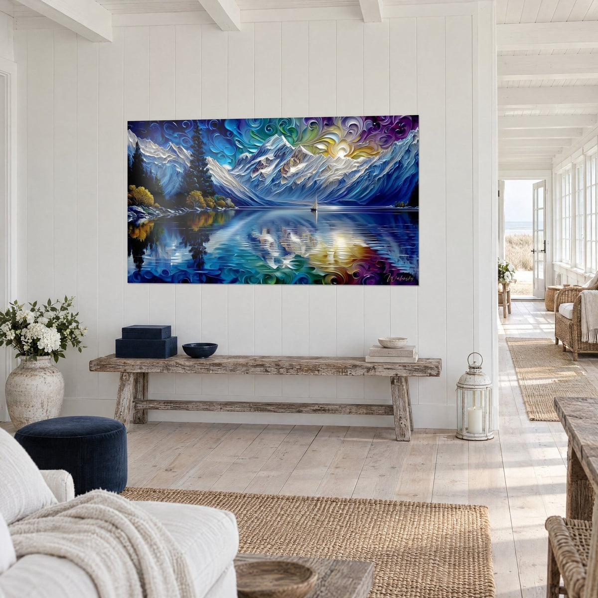 Wall art solitary sailboat on a mirror-like lake, snowy mountains in cobalt blue and golden sun, three-quarter perspective