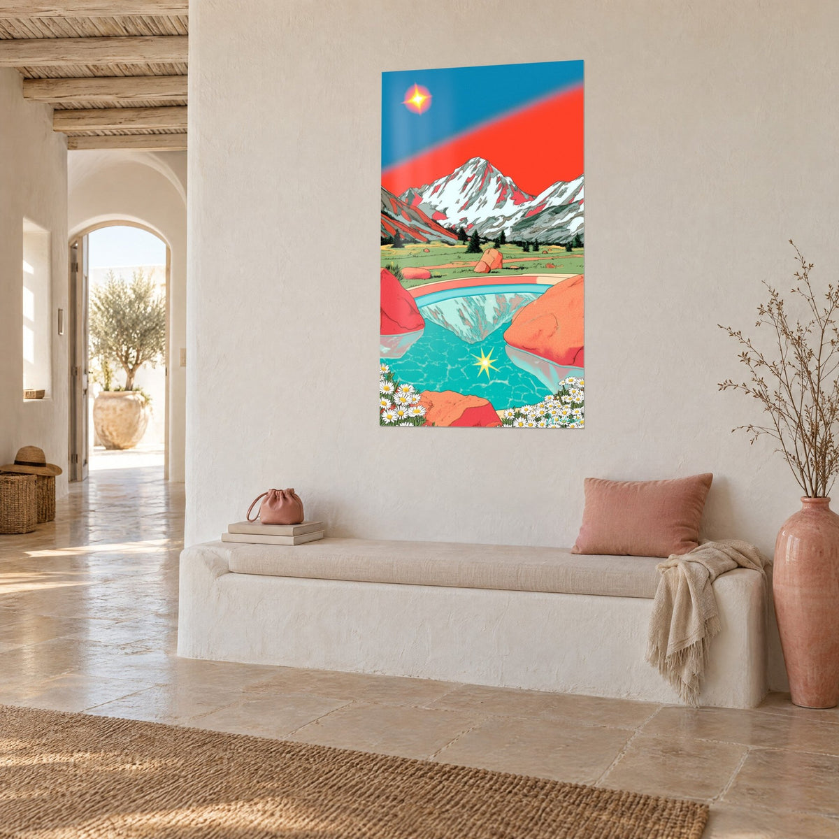 Tableau cime blanche sous un ciel corail et bleu, rochers orangés autour d'un bassin, dans un couloir méditerranéen