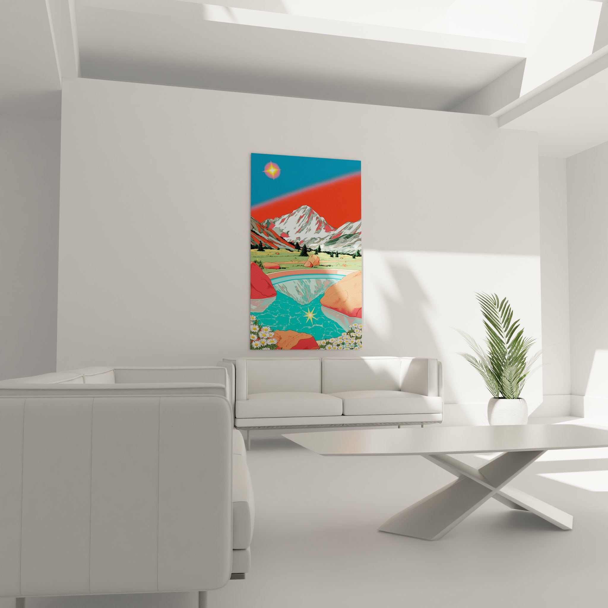 Détail tableau paysage montagne : lac turquoise, roches coral et fleurs alpines blanches en gros plan