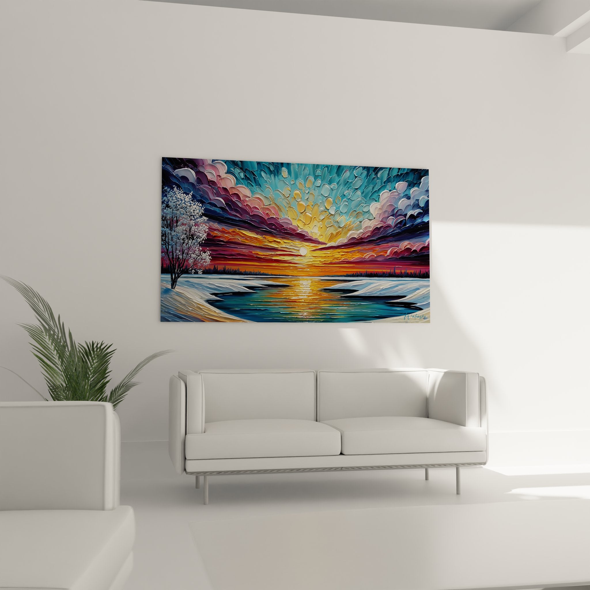Détail gros plan tableau lac hivernal reflets soleil technique peinture moderne