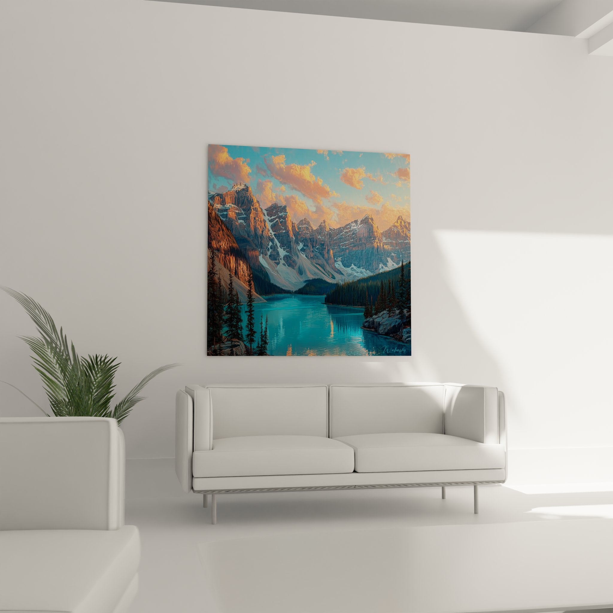 Détail tableau lac glaciaire turquoise avec reflets dorés et montagnes enneigées, art nature