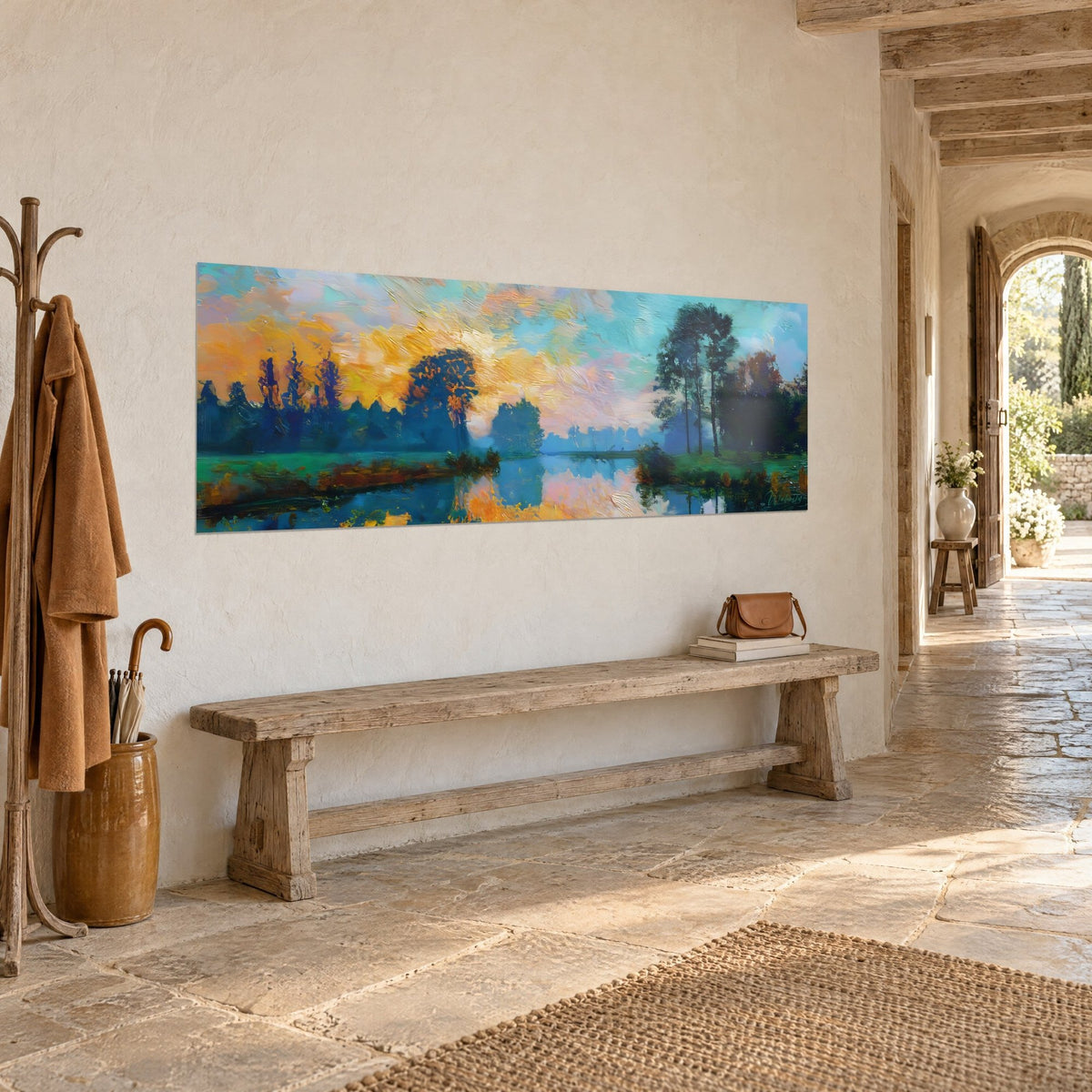 Tableau reflets d'or sur un étang, brume bleutée, grands pins vert profond et ciel orangé, dans une maison de campagne en pierre