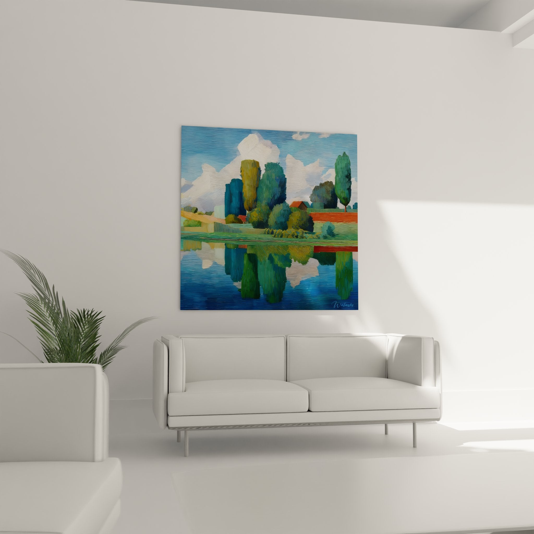 Détail tableau lac impressionniste, reflets arbres dans eau, technique peinture contemporaine