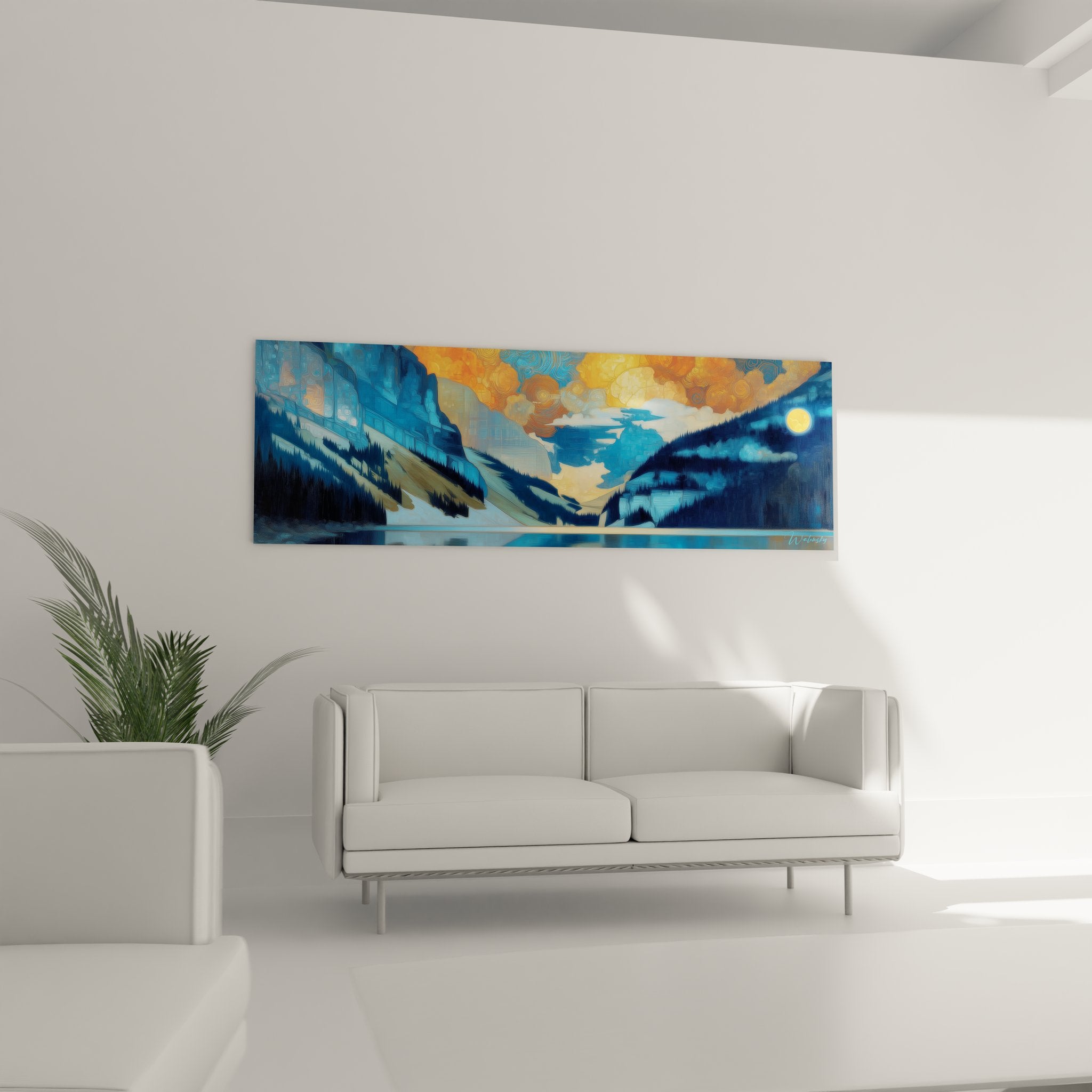 Détail tableau lac montagne montrant reflets dorés dans eau et nuages oranges du ciel au coucher soleil