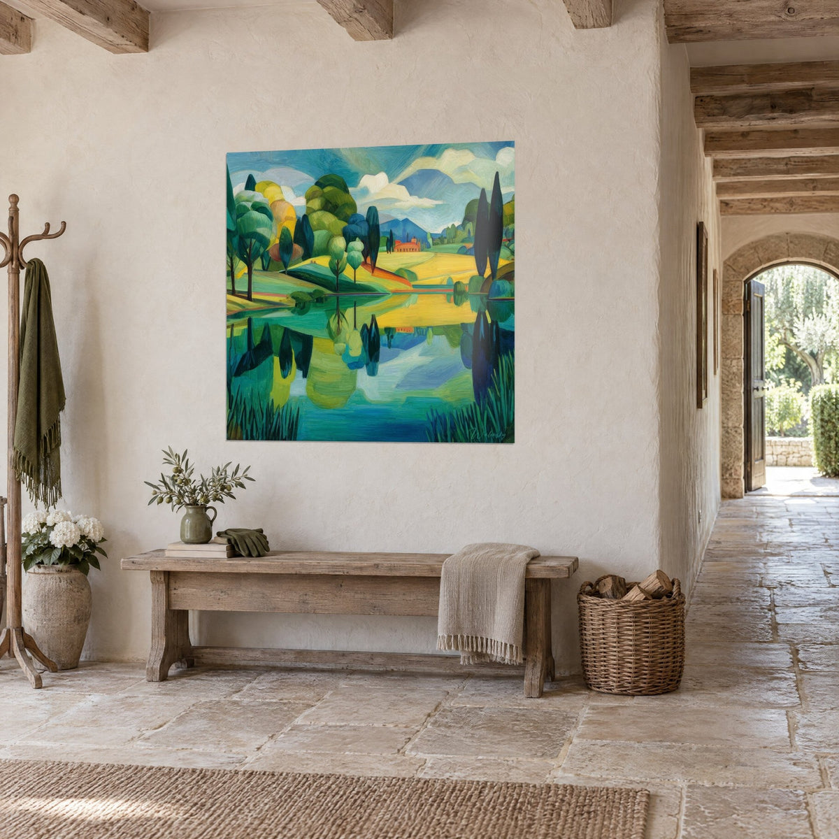 Wall art stylized countryside landscape, rounded green and ochre trees, golden meadow, three-quarter view in a stone hallway