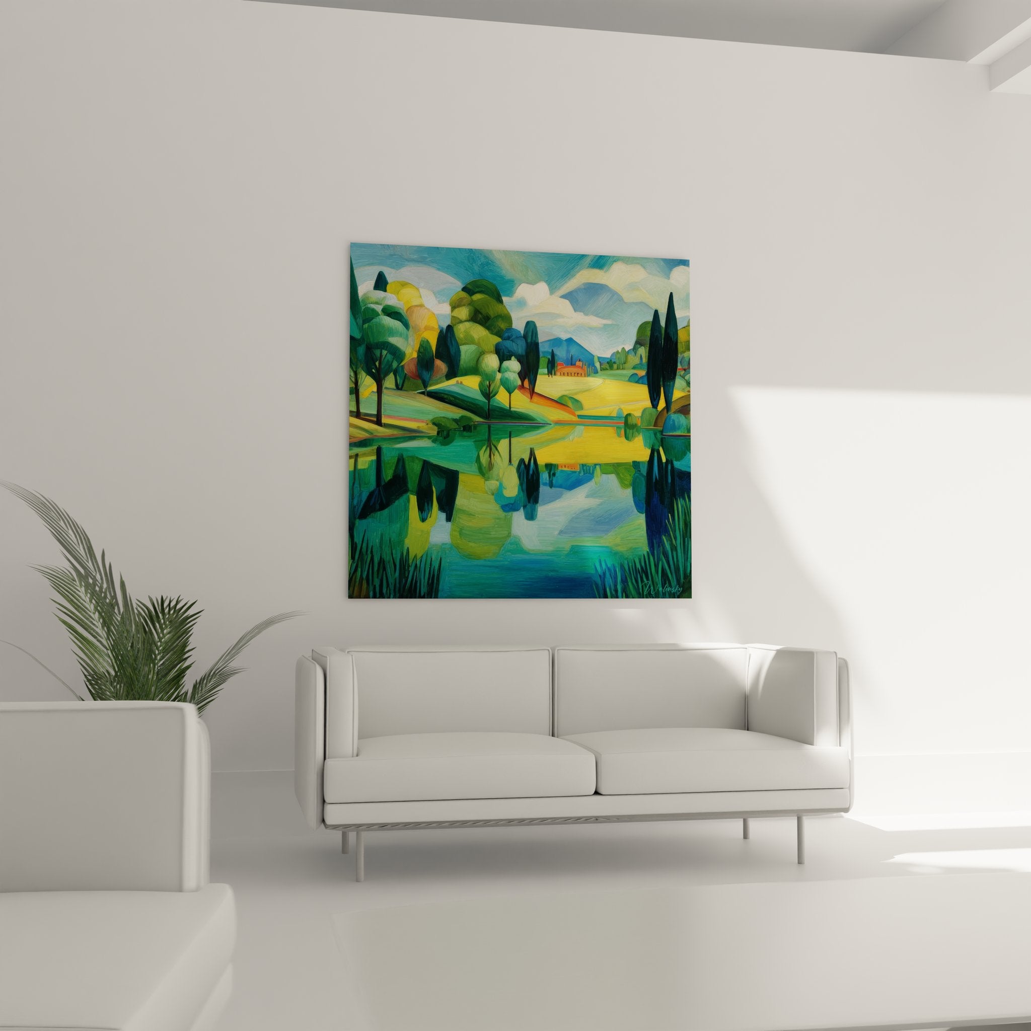 Détail gros plan tableau lac peinture reflets eau couleurs vives technique picturale