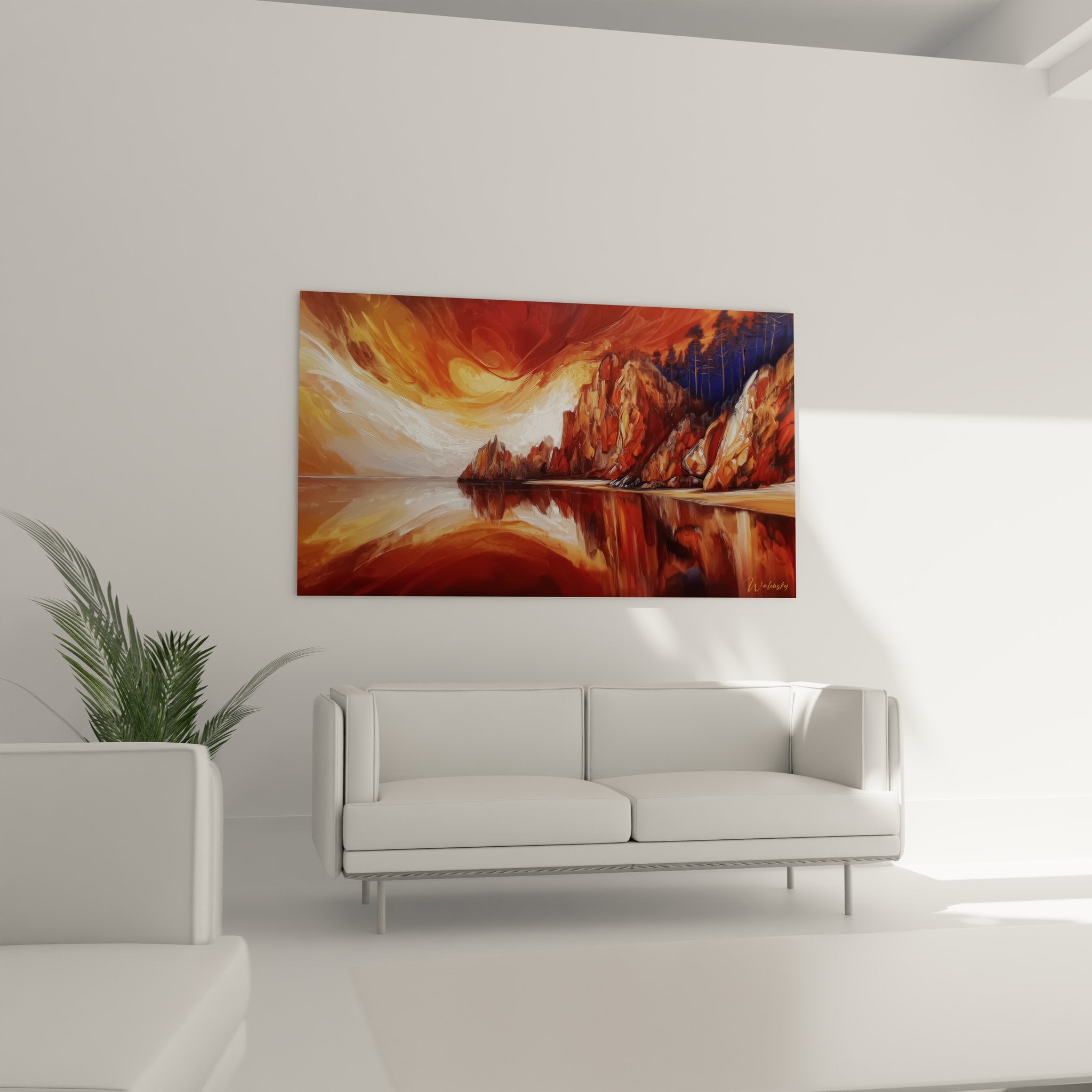 Détail tableau lac montagne montrant technique picturale et reflets dans l'eau