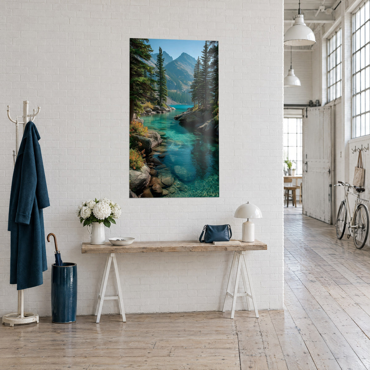 Wall art emerald river between granite boulders and dark fir trees, bluish peaks, on a white loft wall, three-quarter view