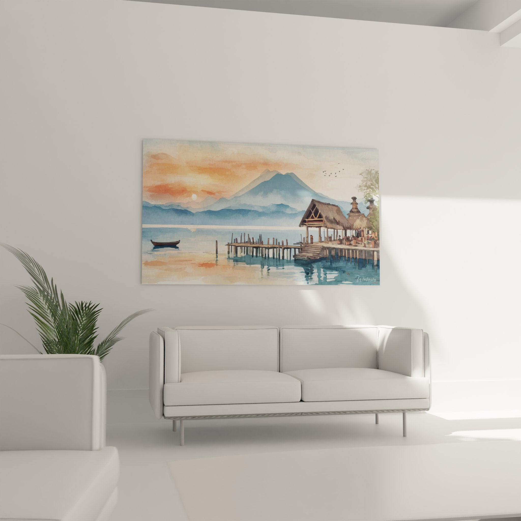 Détail tableau lac village pilotis reflets eau coucher soleil peinture murale décorative