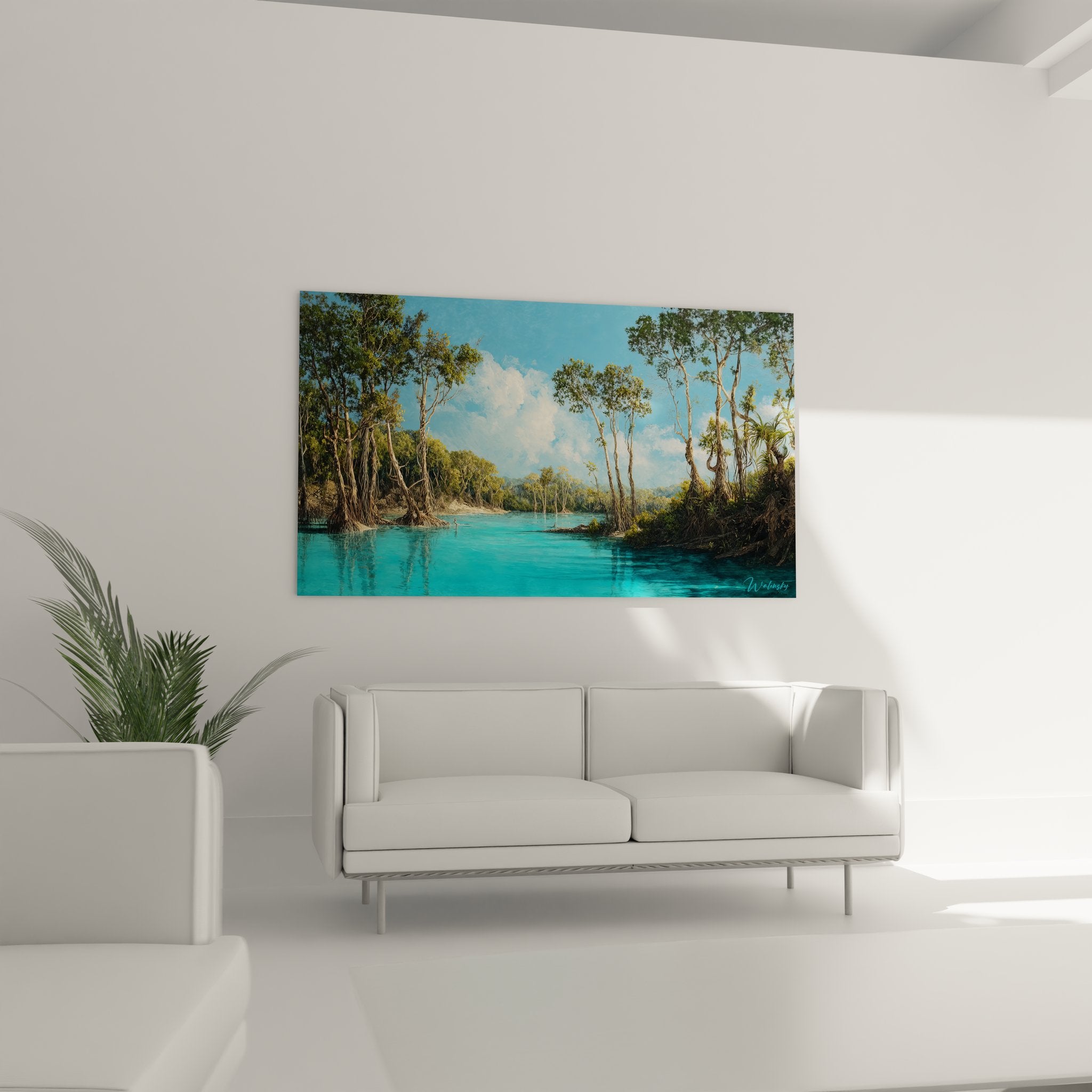 Détail tableau lagune tropicale reflets palmiers eaux turquoise peinture réaliste nature sauvage
