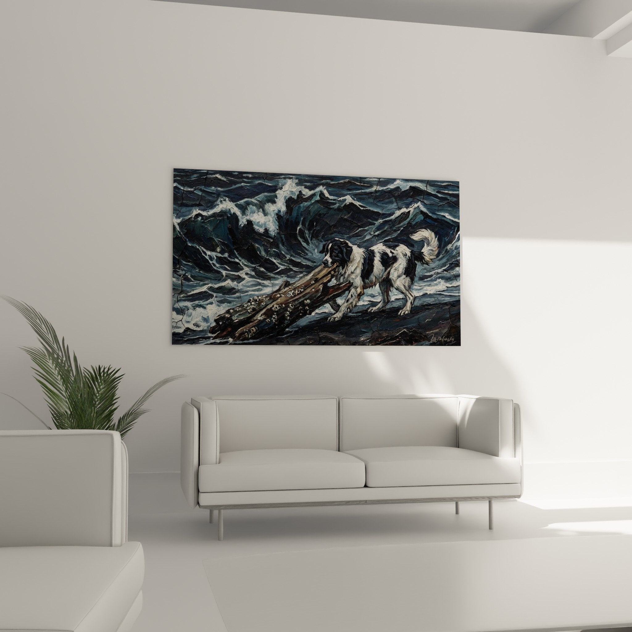 Détail pinceau tableau Landseer montrant chien courageux et vagues écumantes, style romantique