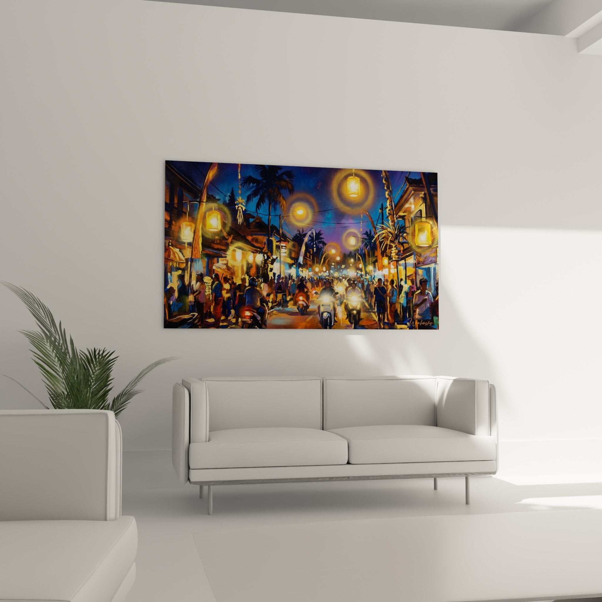 Detail tableau marche bali nuit lanternes dorees halos lumineux atmosphere tropicale