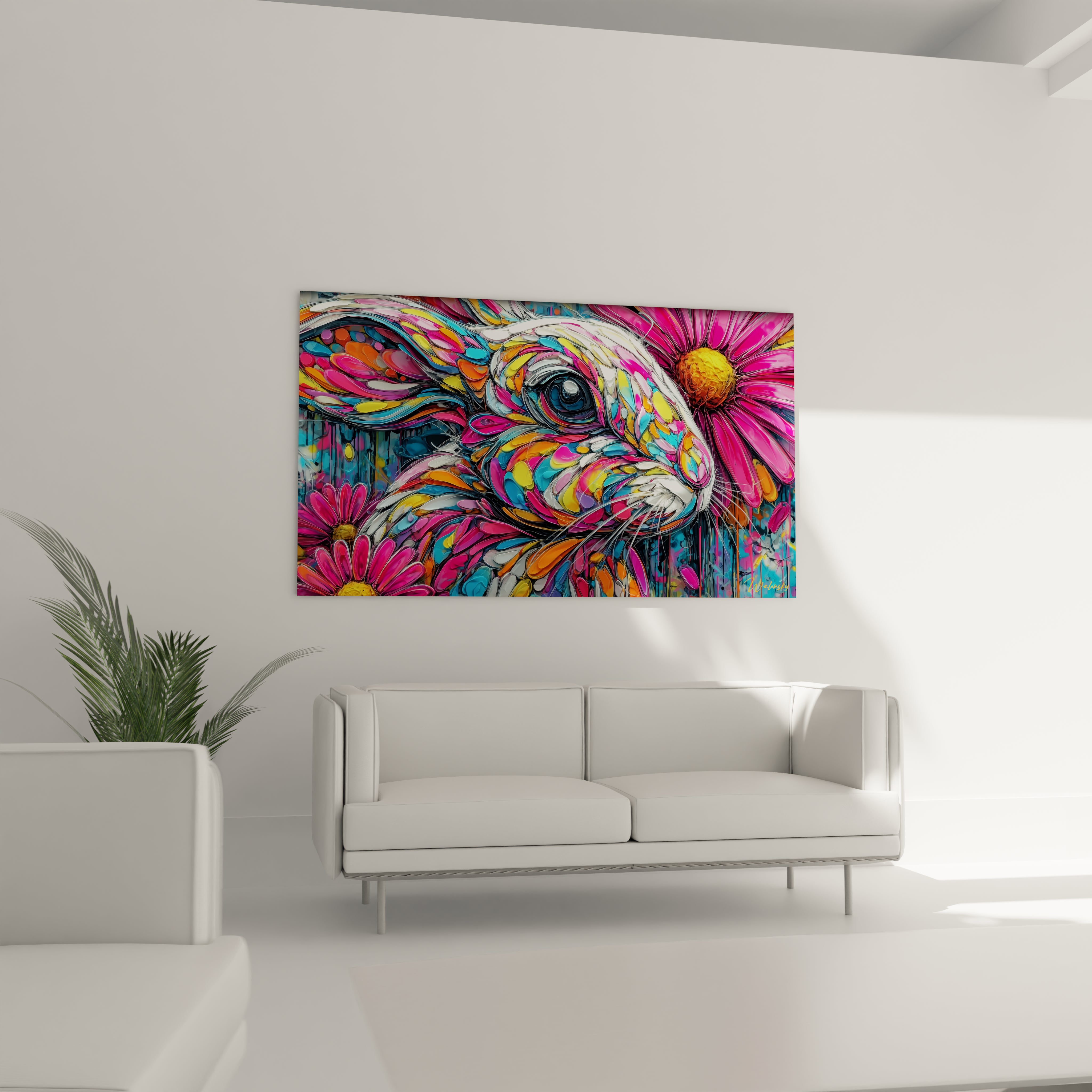 Détail tableau lapin couleurs vives œil expressif art moderne fleurs roses pétales colorés