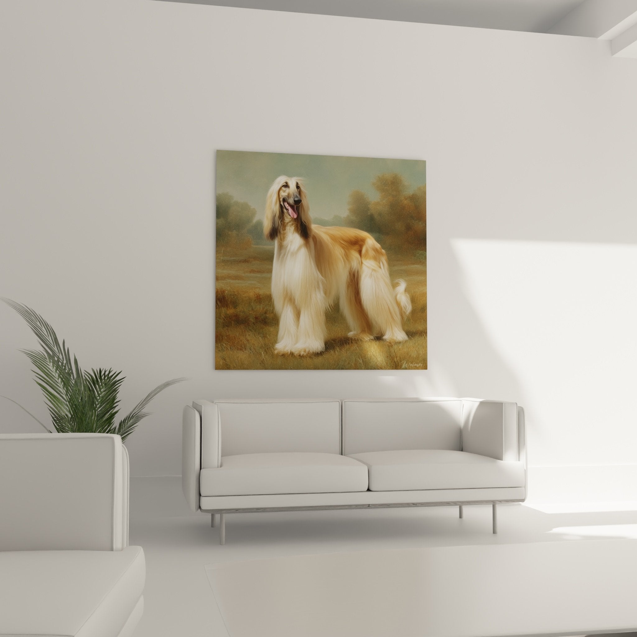 detail tableau levrier afghan pelage dore textures soyeuses nuances miel champagne art canin