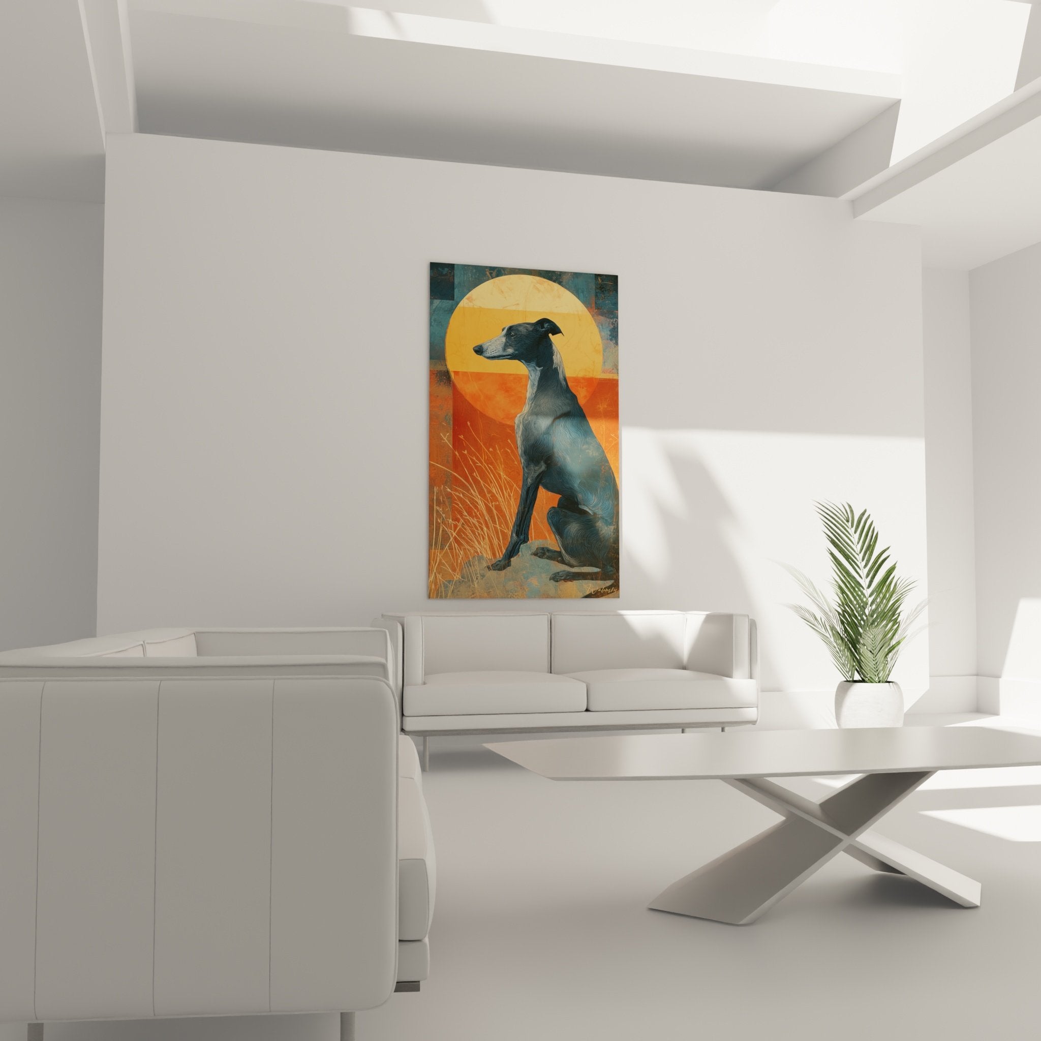 Détail tableau lévrier whippet textures artistiques couleurs orange soleil couchant