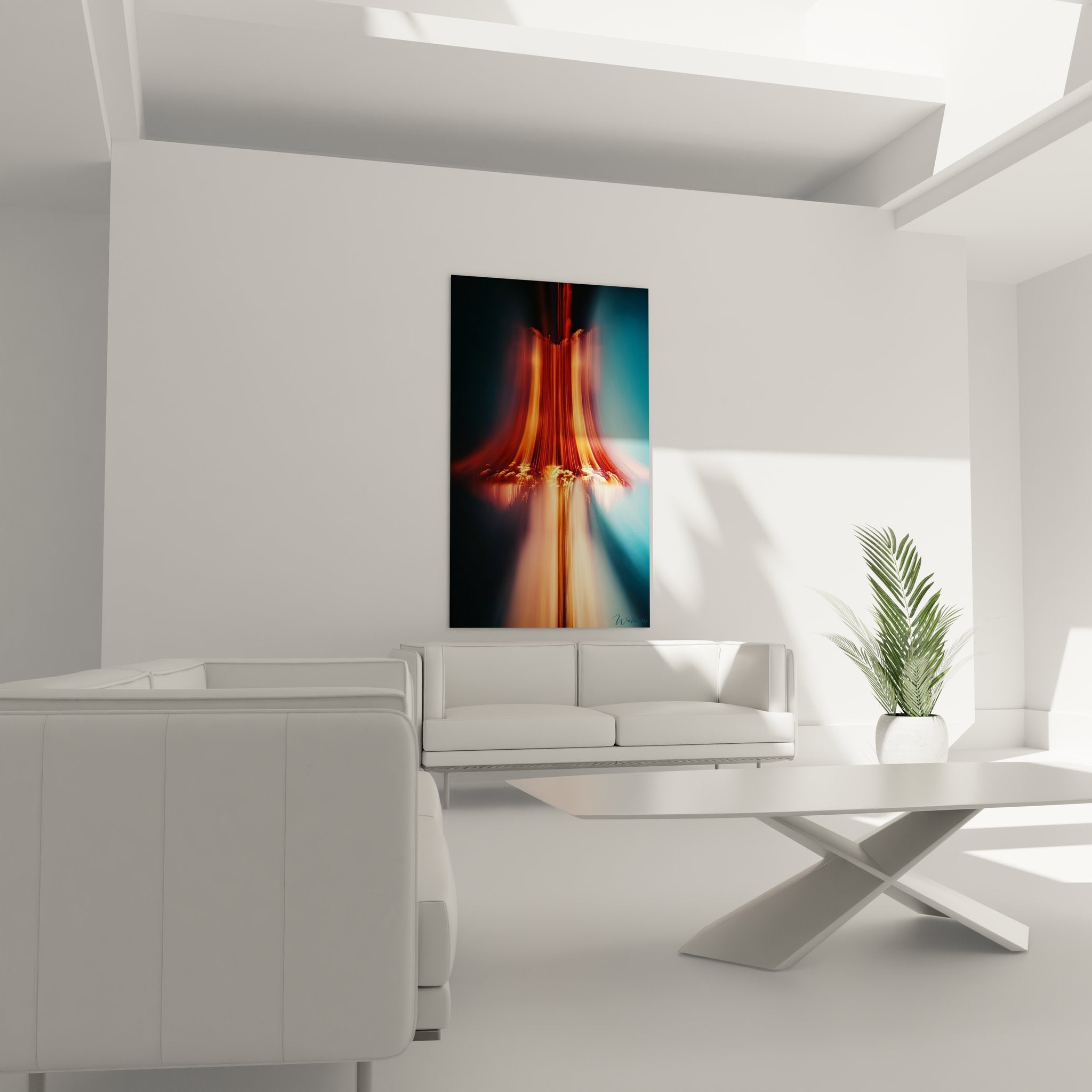 Détail gros plan tableau light painting, traînées lumineuses orange et effets mouvement