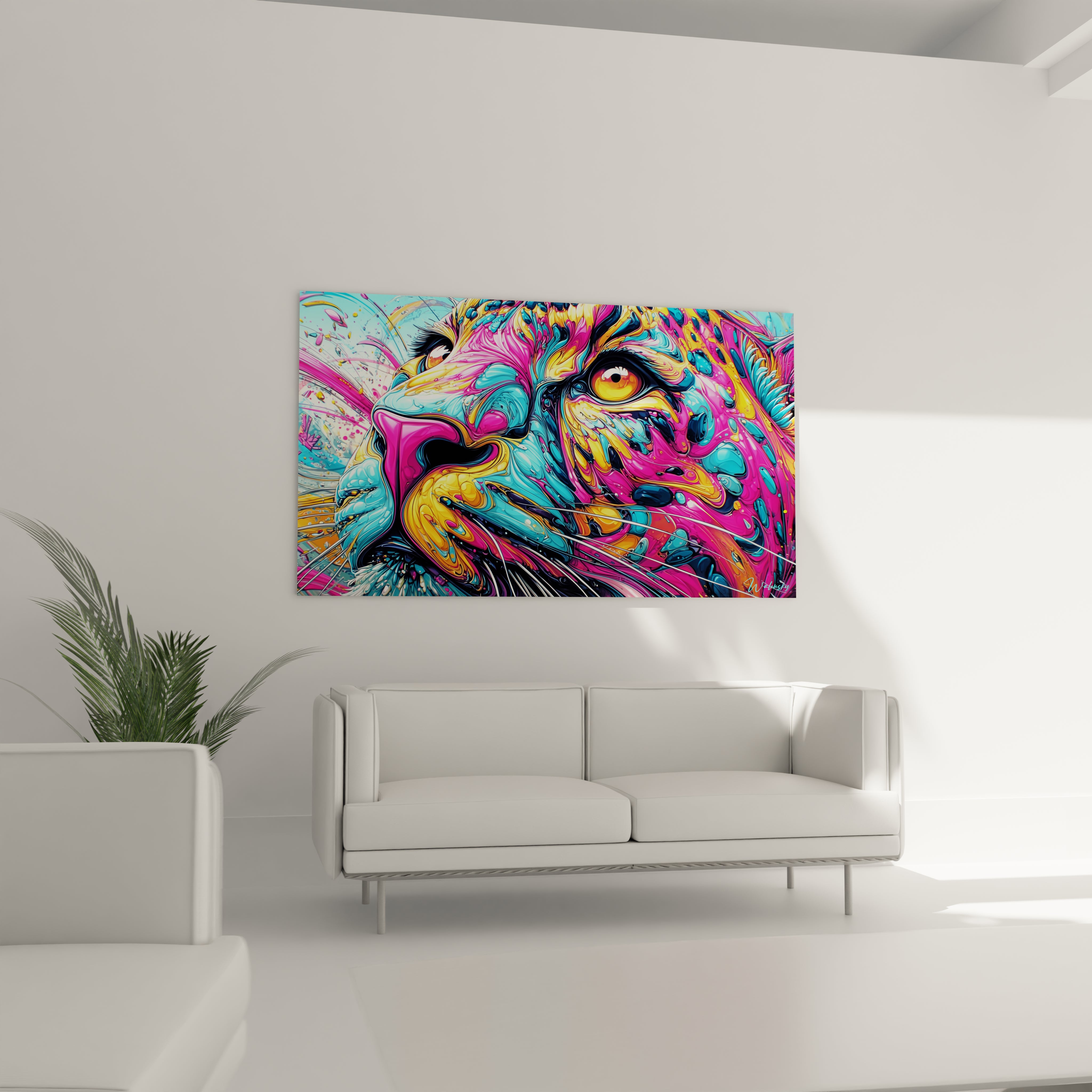 Gros plan détail tableau lion abstrait couleurs éclatantes art numérique haute définition