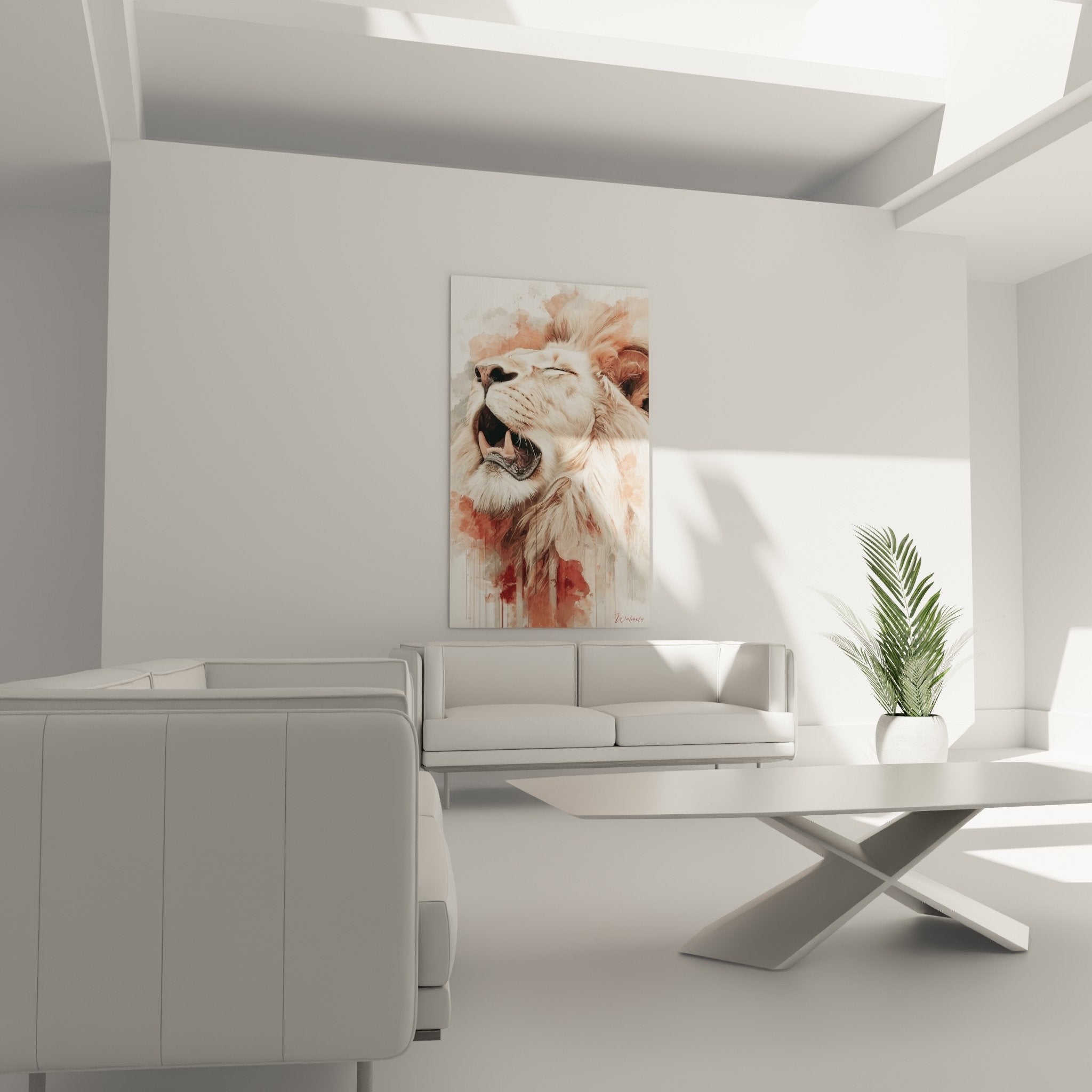 Detail tableau lion aquarelle rose criniere fauve art animalier peinture