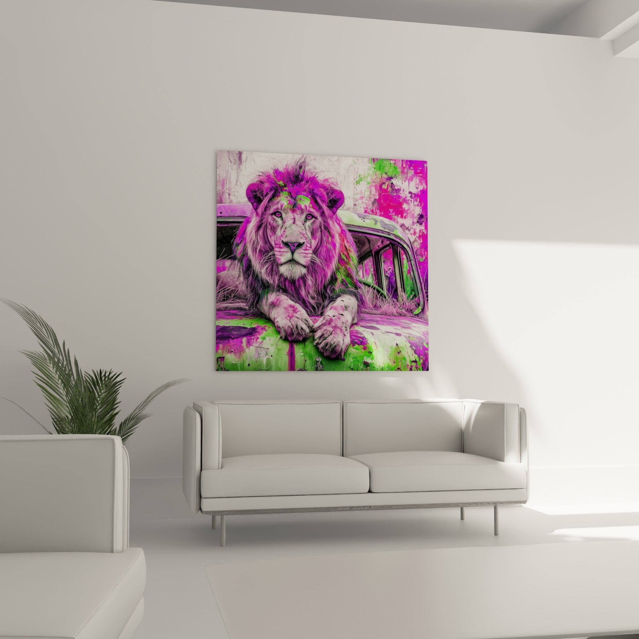Détail rapproché du tableau lion montrant les éclaboussures de peinture rose et verte