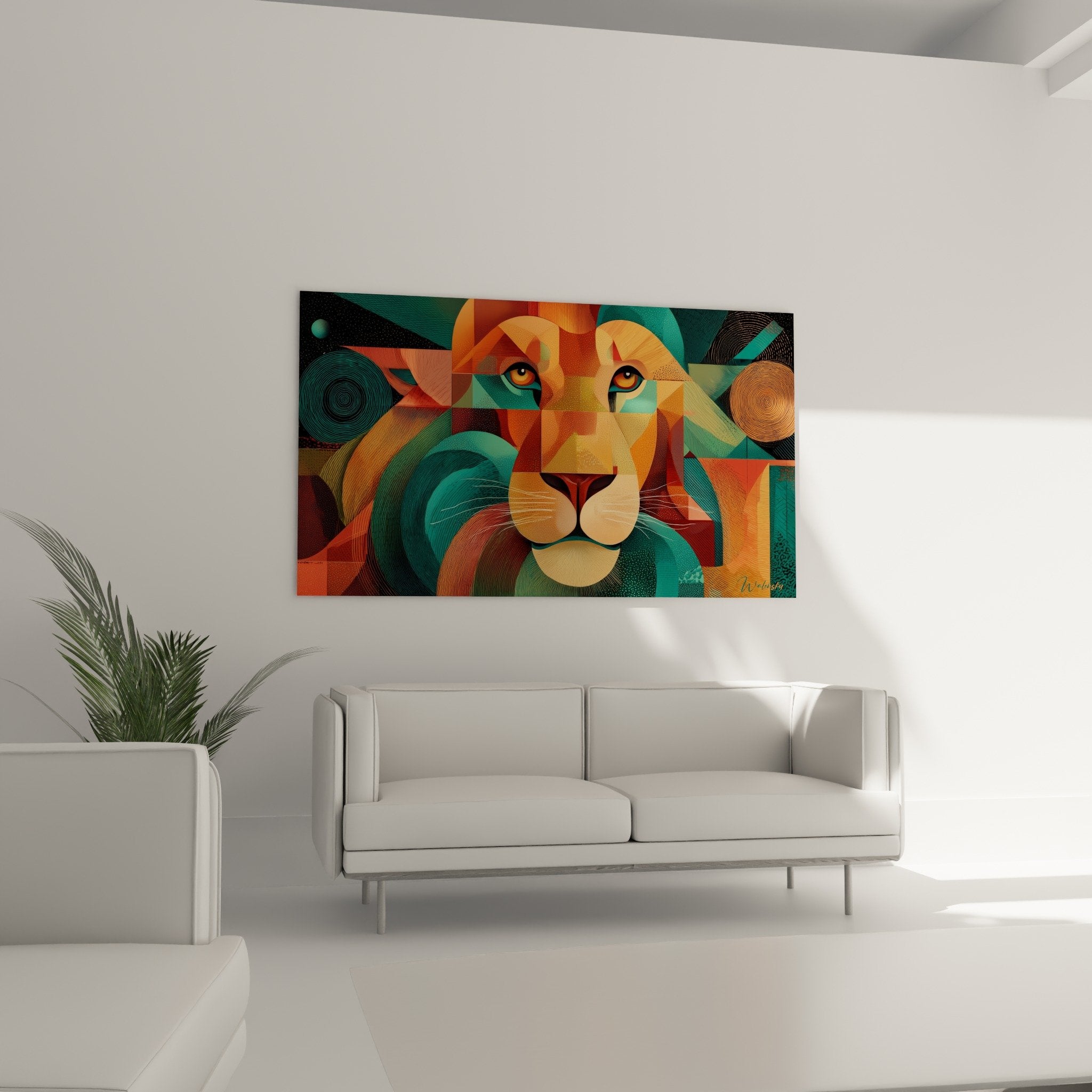 Détail gros plan tableau lion géométrique motifs circulaires couleurs orange turquoise