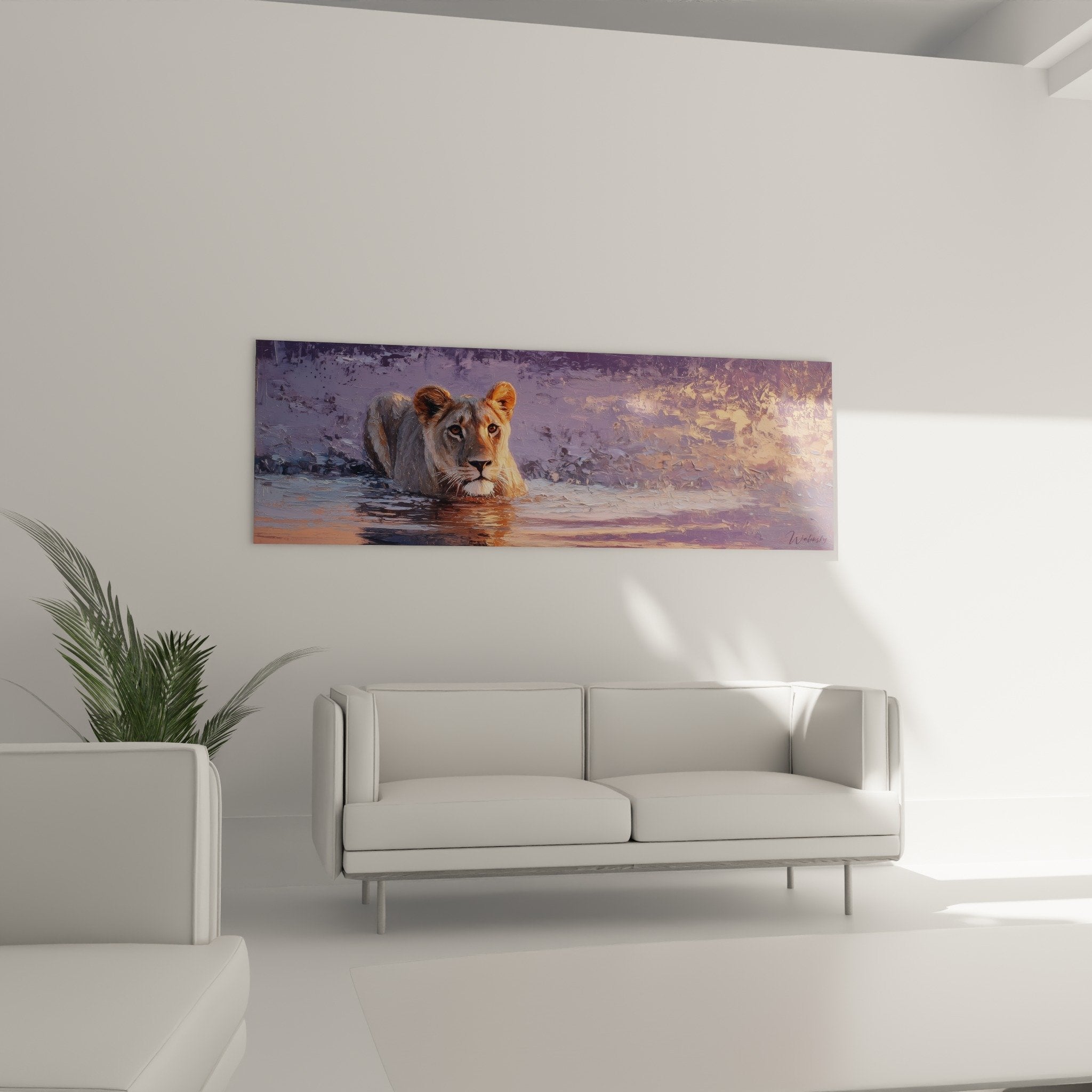 Detail rapproche tableau lion regard serein dans l'eau reflets lumineux edition lion