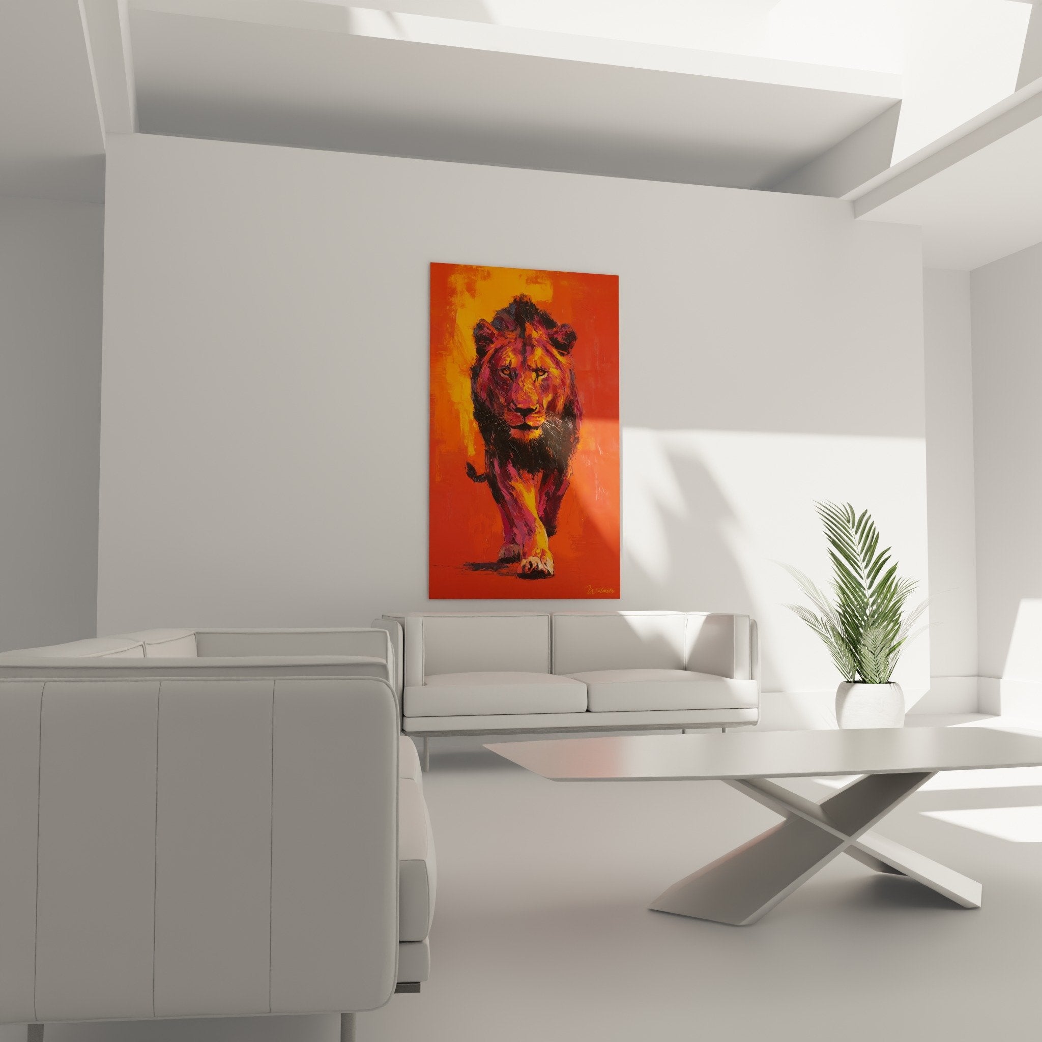Detail tableau lion rouge orange technique picturale empâtements crinière