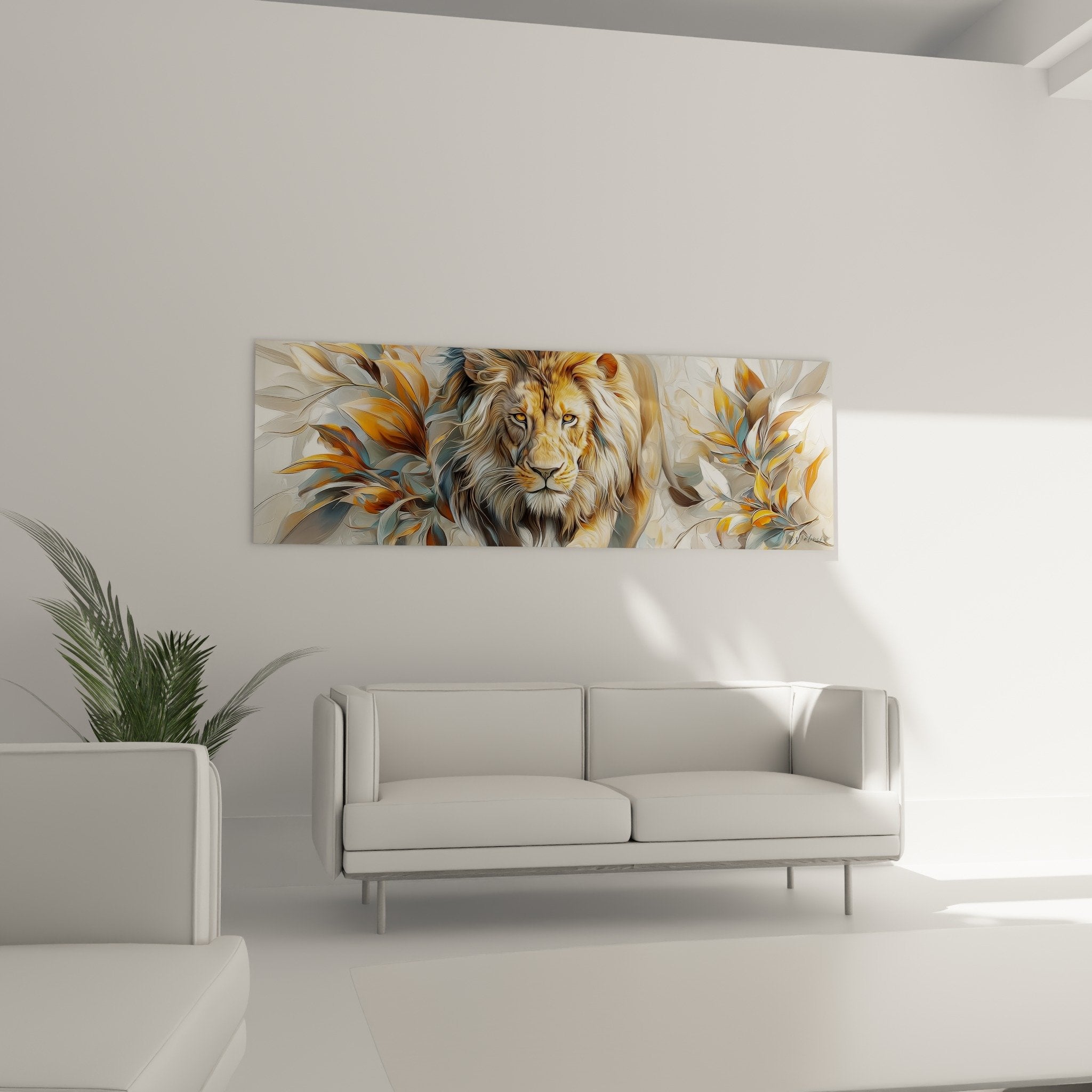 Dettaglio ravvicinato del quadro leone che mostra texture dorata e fogliame decorativo artistico