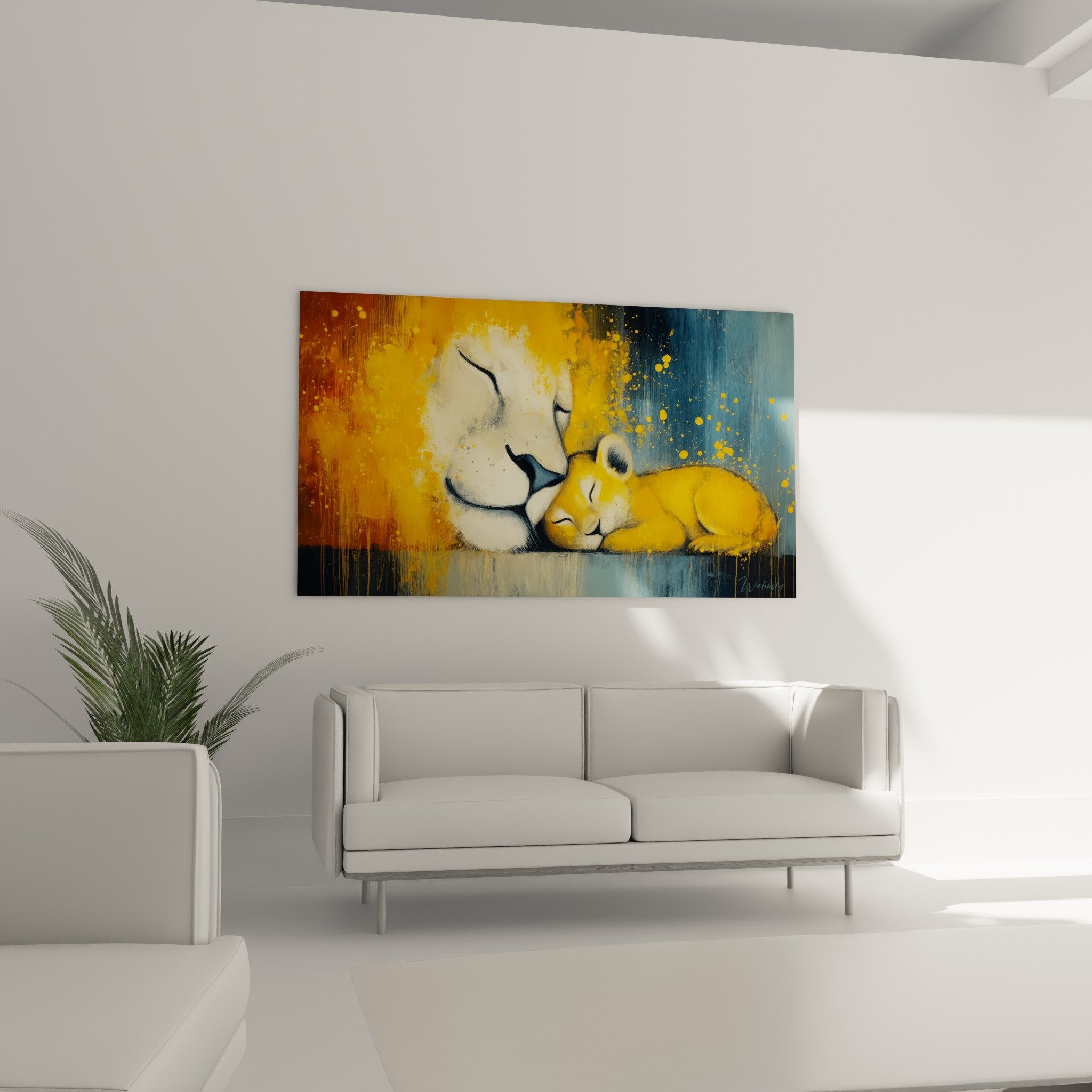 Dettaglio quadro leonessa cucciolo di leone texture pittura schizzi dorati stile contemporaneo
