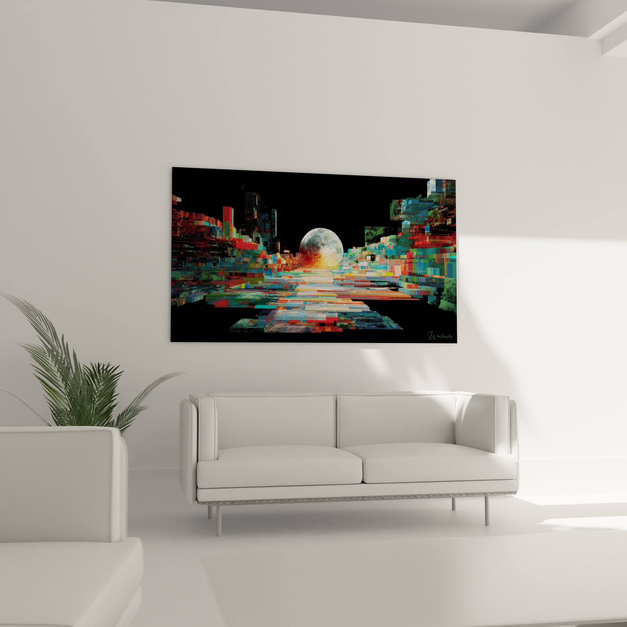 Détail rapproché tableau lune digitale montrant texture pixelisée et couleurs vibrantes