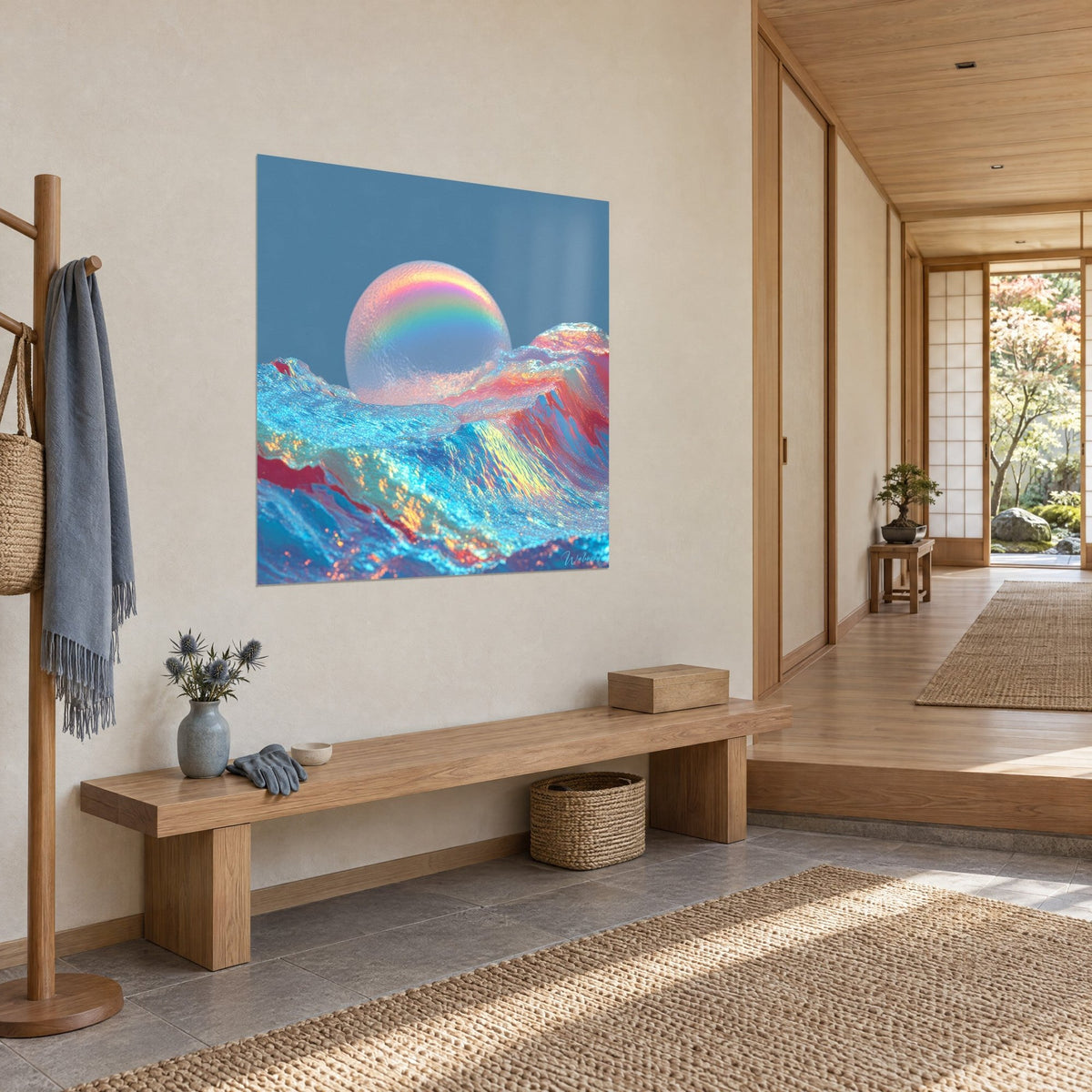 Gemälde Regenbogenblase schwebend über kristallklarem Meer in Cyan und Rot, Dreiviertelansicht, japandi Flur mit Holzbank