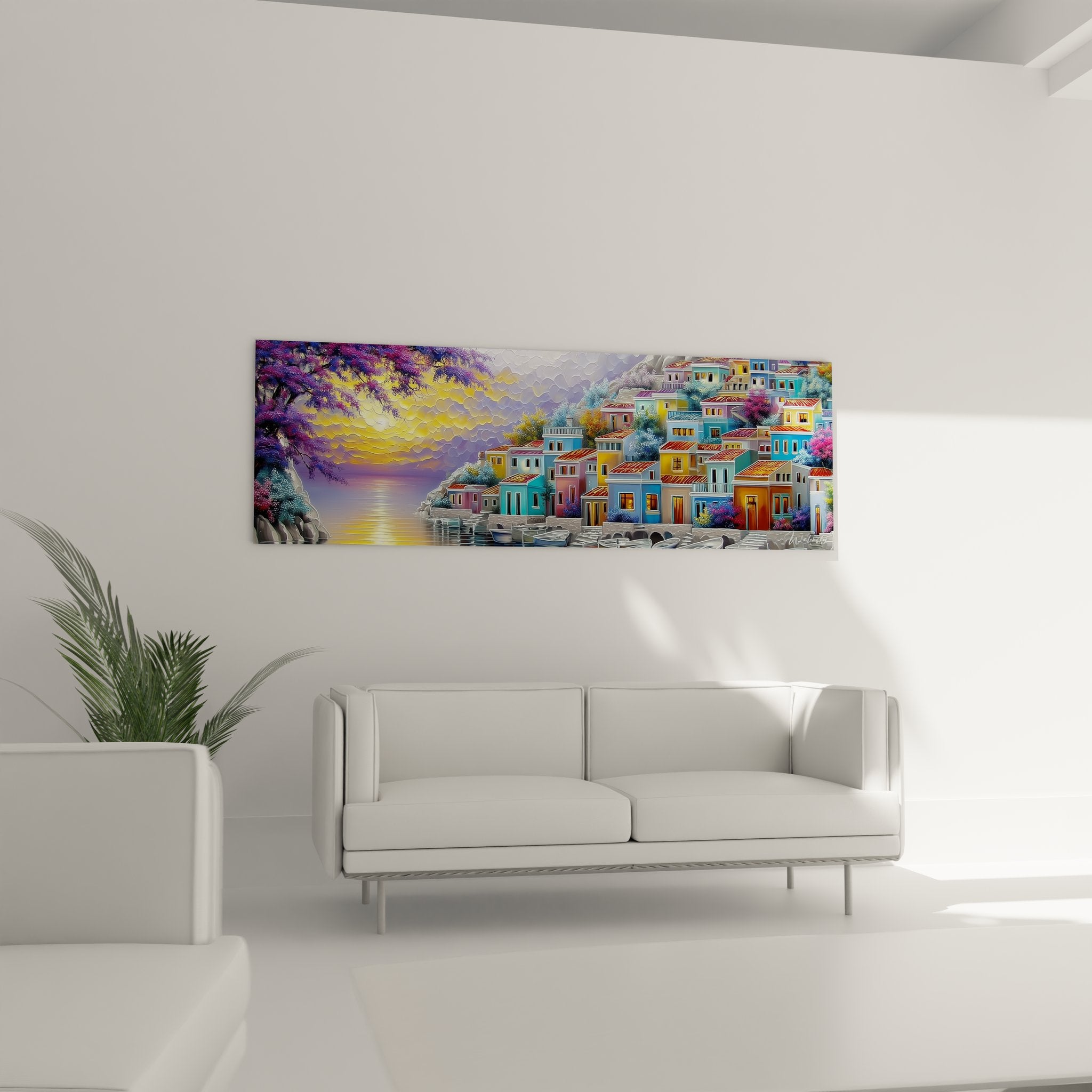 Détail gros plan tableau maisons colorées méditerranéennes avec bougainvilliers et reflets