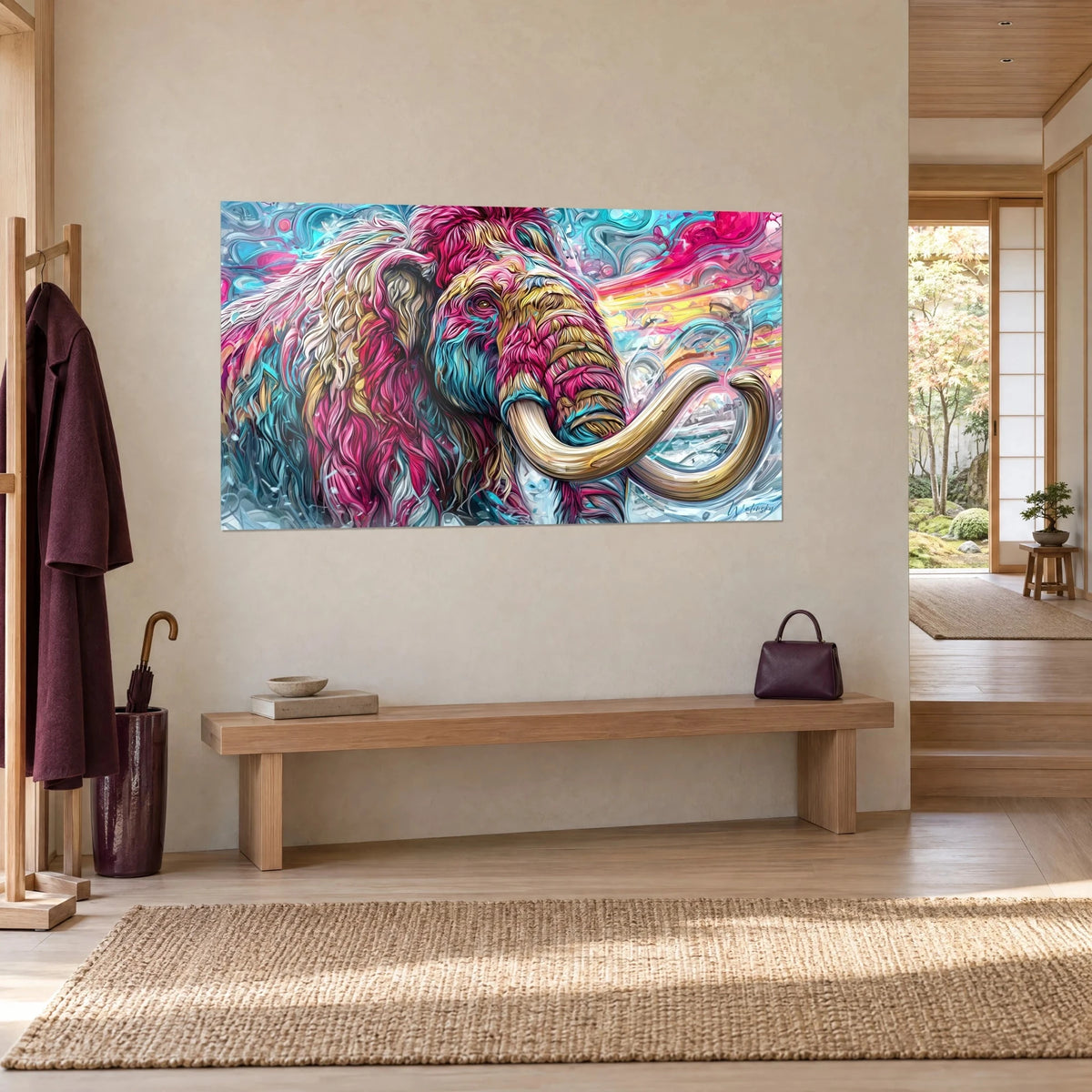 Wall art prehistoric pachyderm with magenta and golden streaks, pink and yellow sky, on a beige wall beside a wooden bench