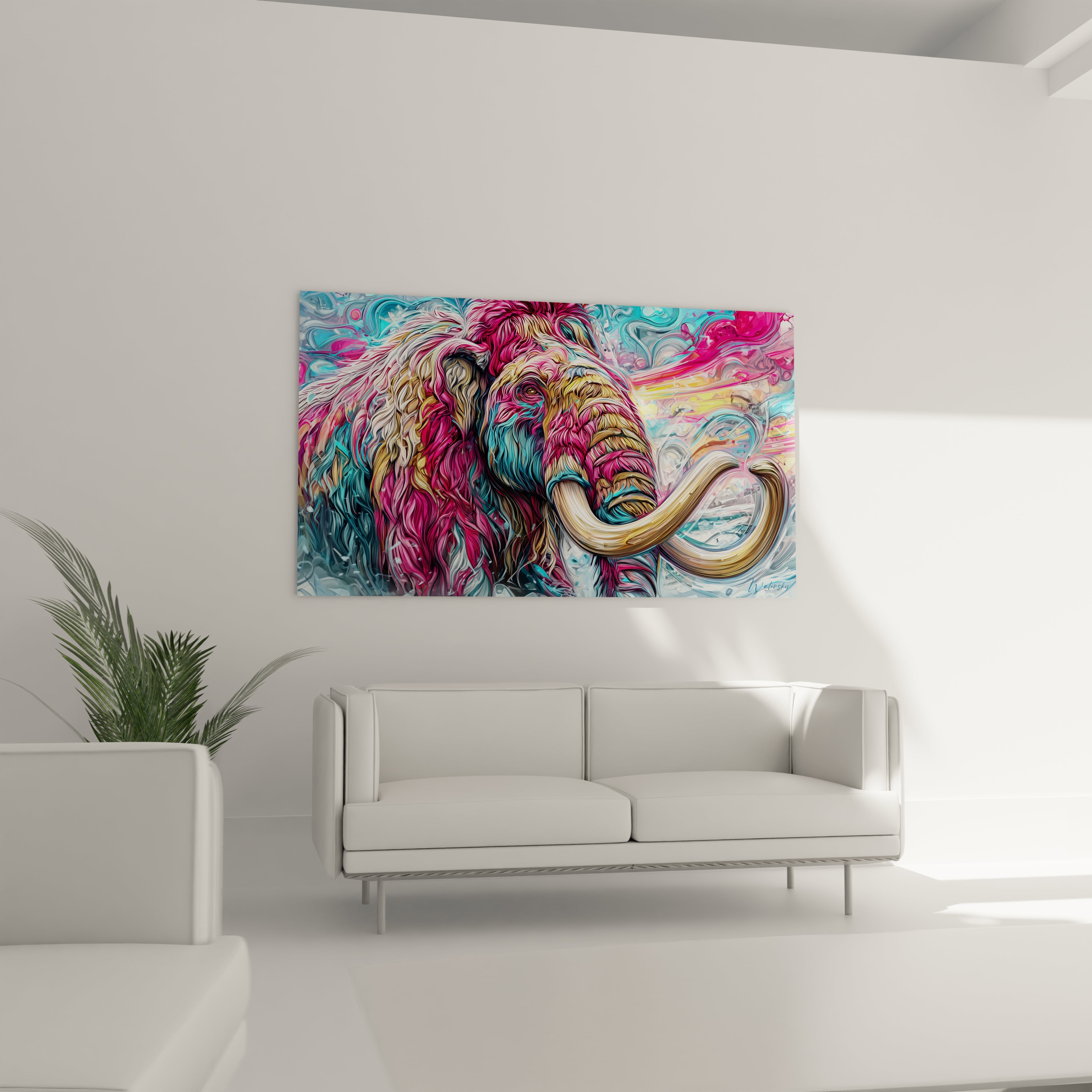 Gros plan détaillé tableau mammouth laineux multicolore, textures et couleurs vibrantes