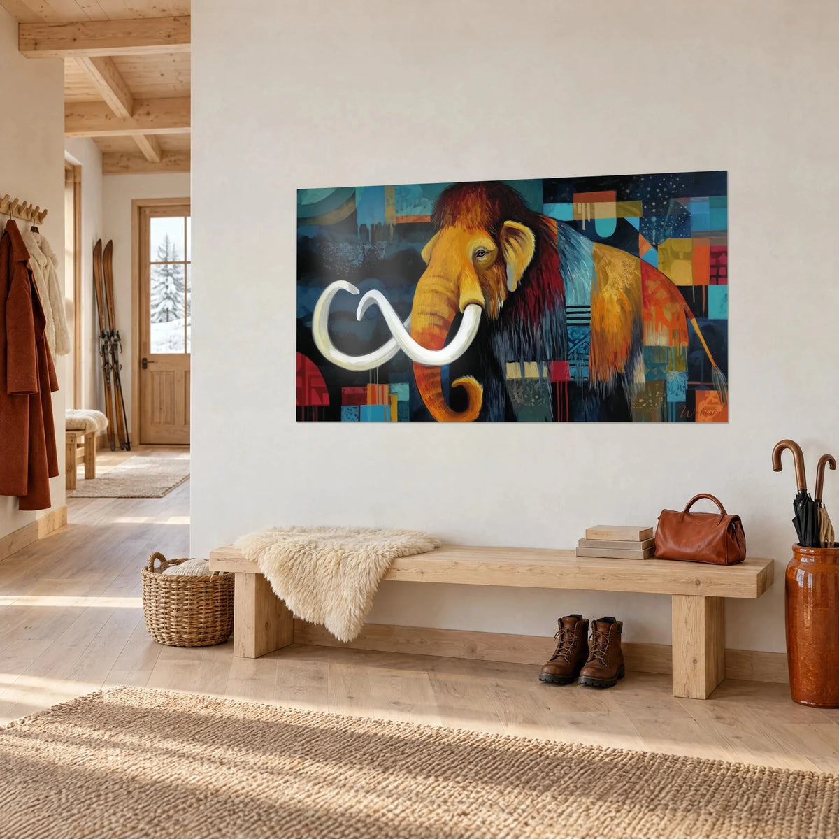 Schilderij prehistorische olifant met okerkleurige slurf en mozaïek van oranje en turquoise vierkanten, opgehangen in de entree van een chalet van licht hout