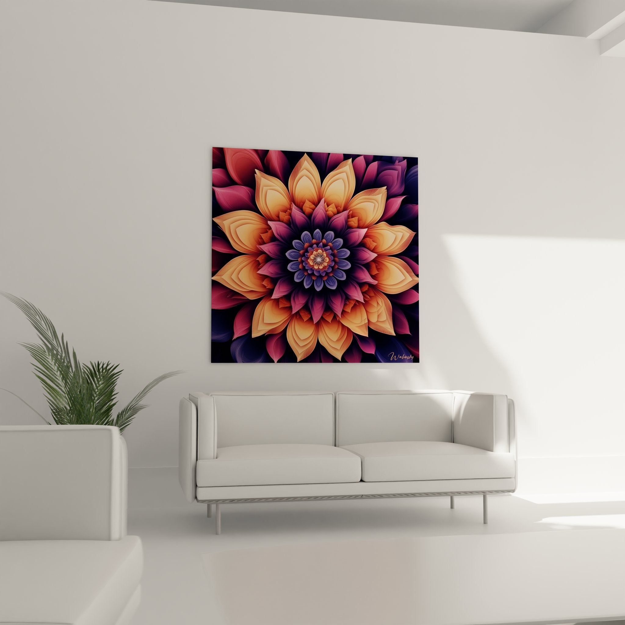 Gros plan tableau mandala dahlia fractale, détails pétales géométriques orange violet art mural