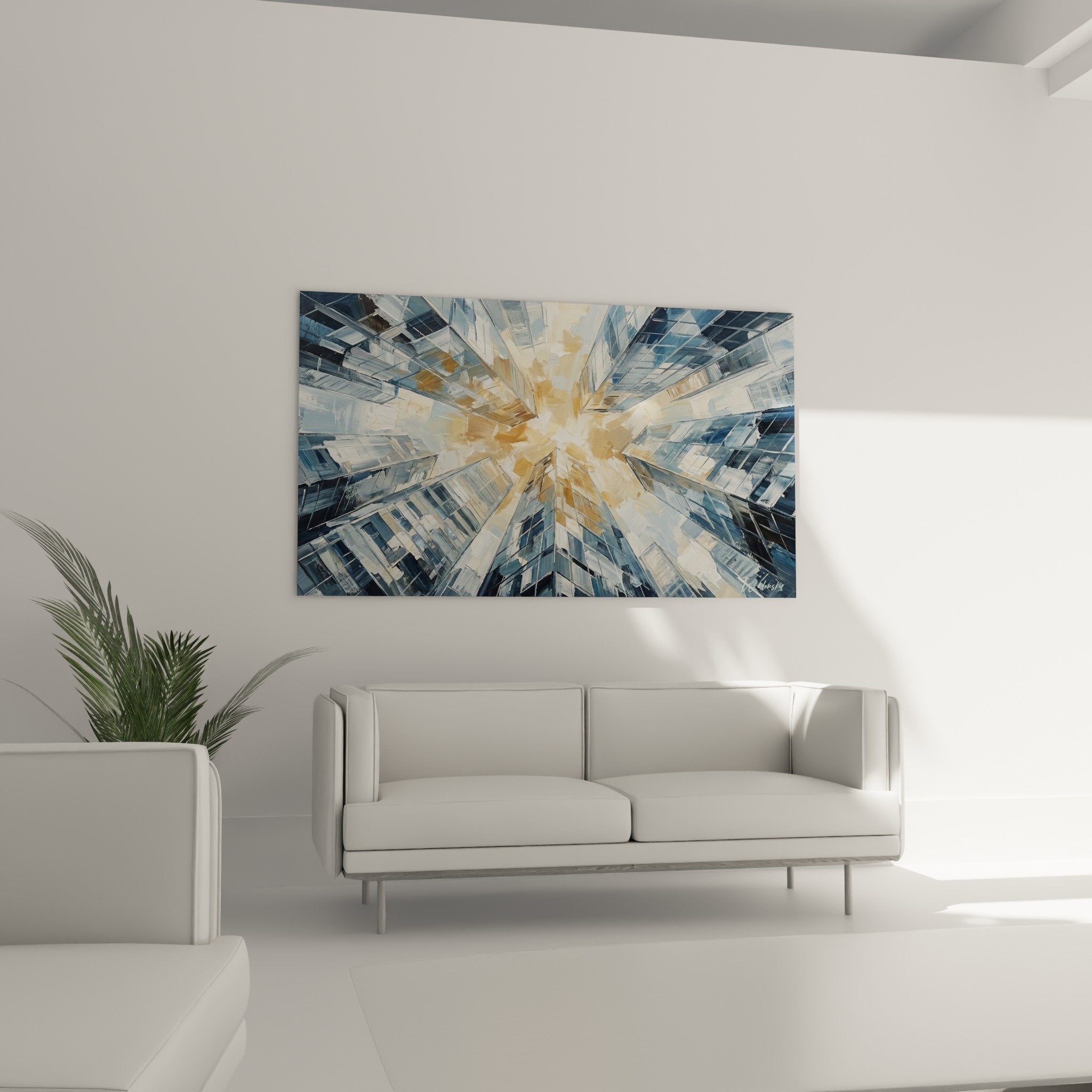 Detail tableau Manhattan architecture urbaine perspective dorée bleu acier texture moderne gratte-ciels