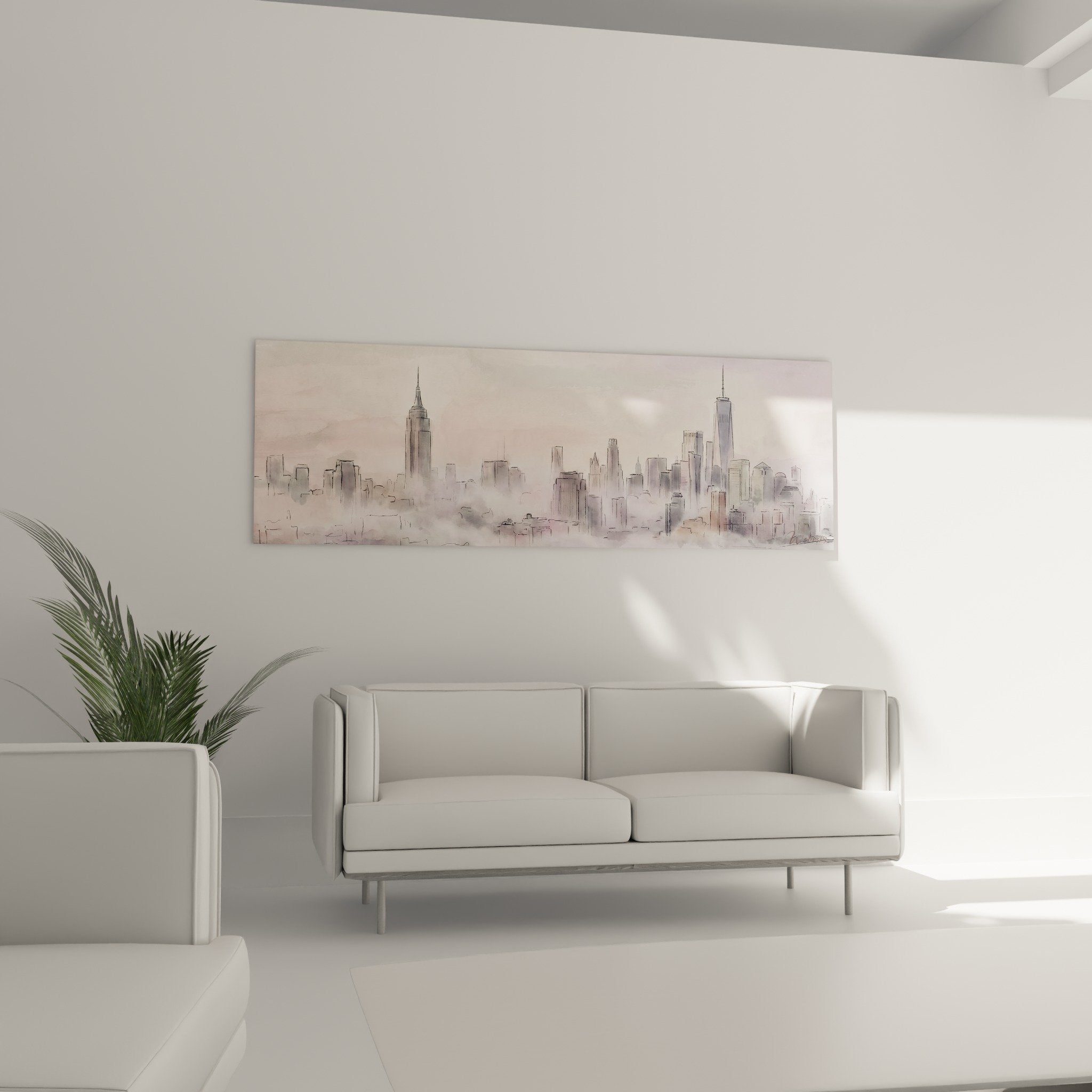 Detail tableau Manhattan brume rosée texture vaporeuse peinture urban art tons poudrés grès nuances subtiles