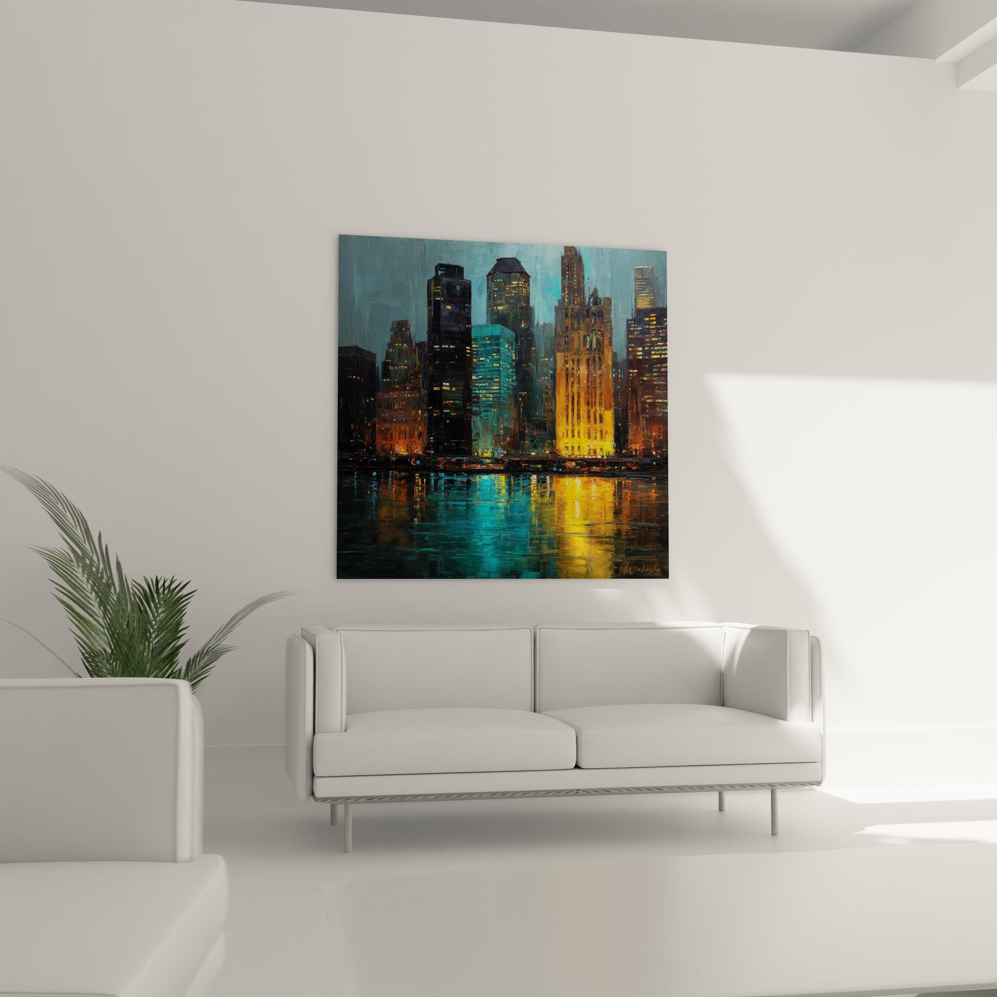 Détail gros plan tableau Manhattan nocturne, peinture gratte-ciel illuminés et reflets dorés