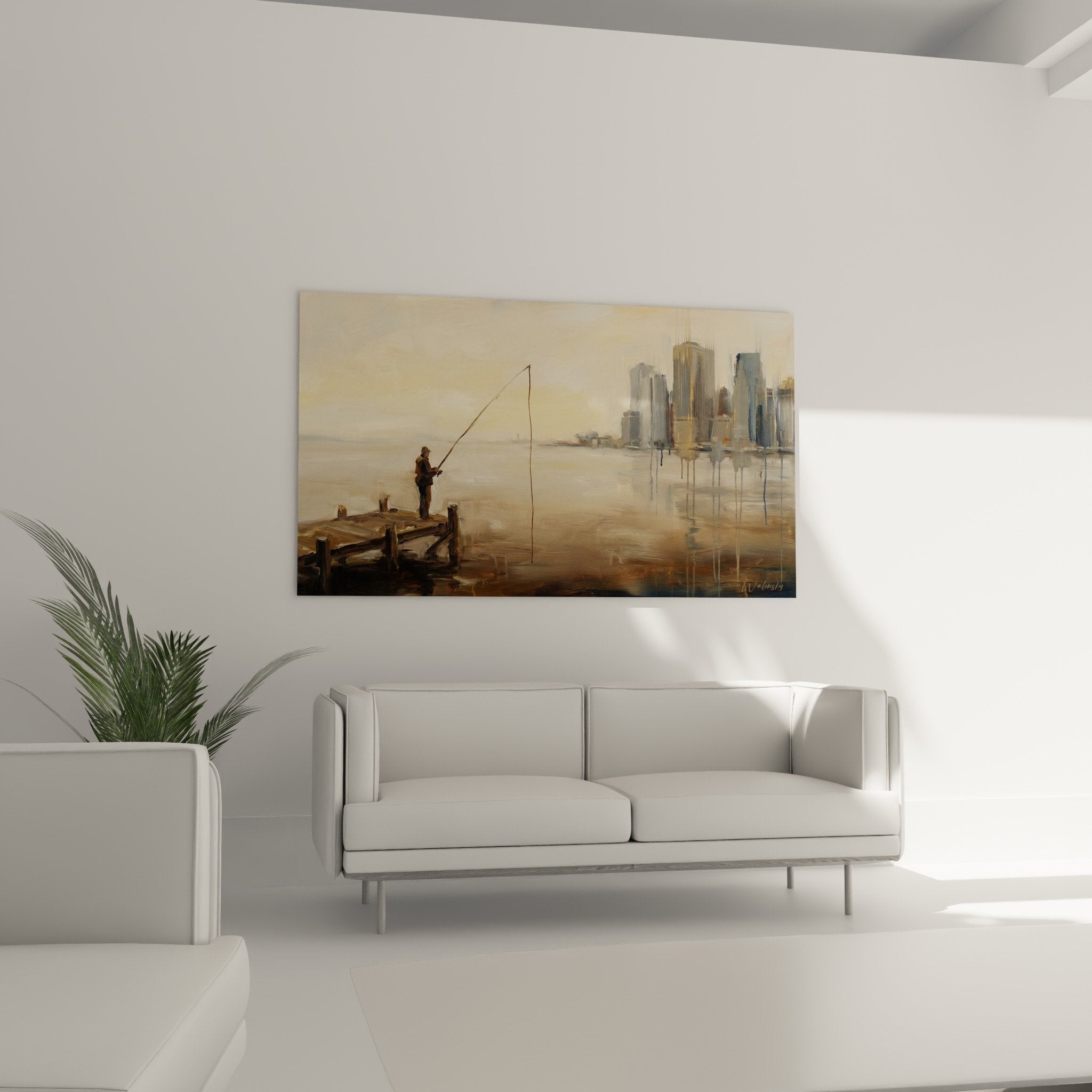 Détail tableau pêcheur Manhattan technique impressionniste reflets dorés eau gratte-ciels brumeux palette beige