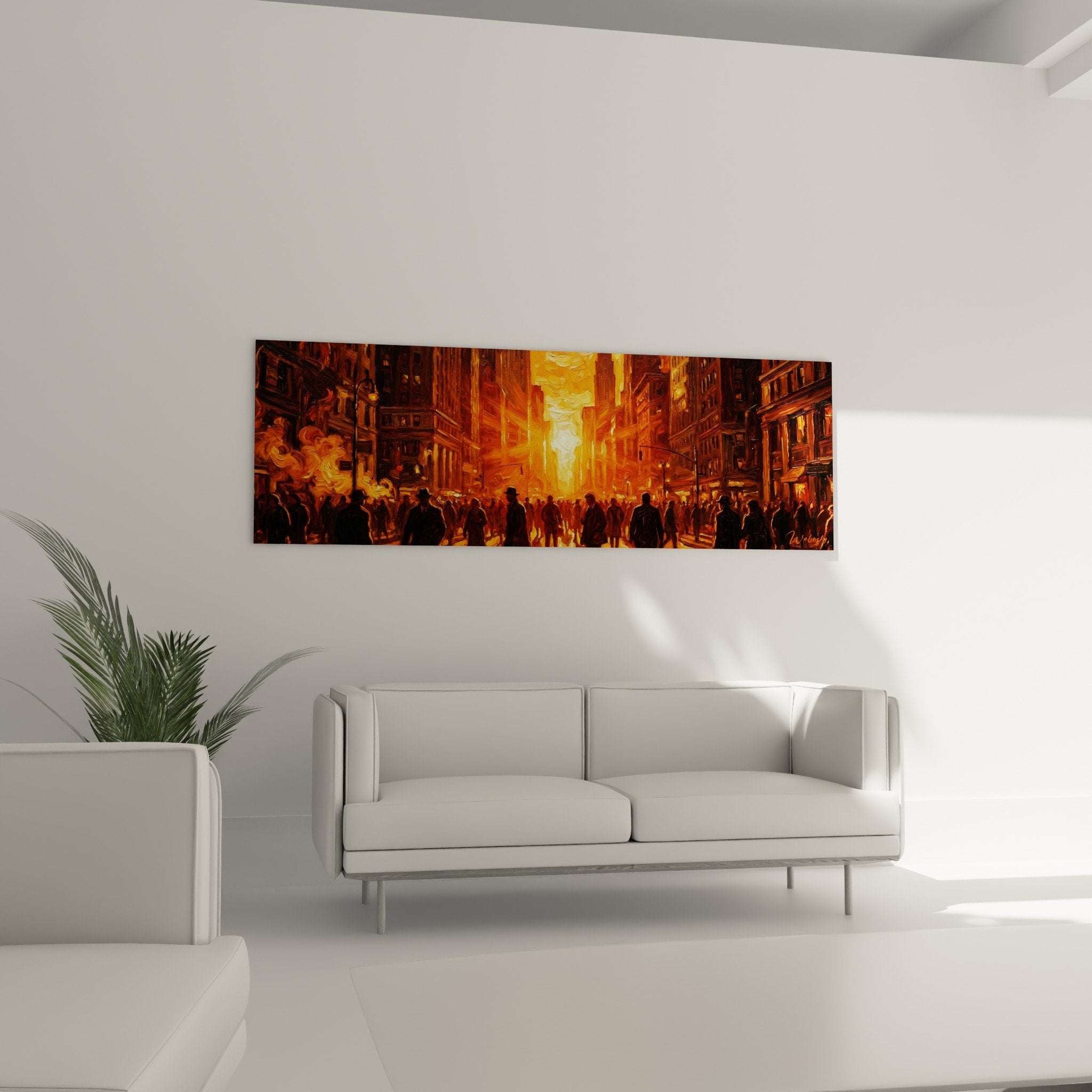 Détail tableau Manhattan peinture épaisse empâtements lumières dorées silhouettes contre-jour urbain