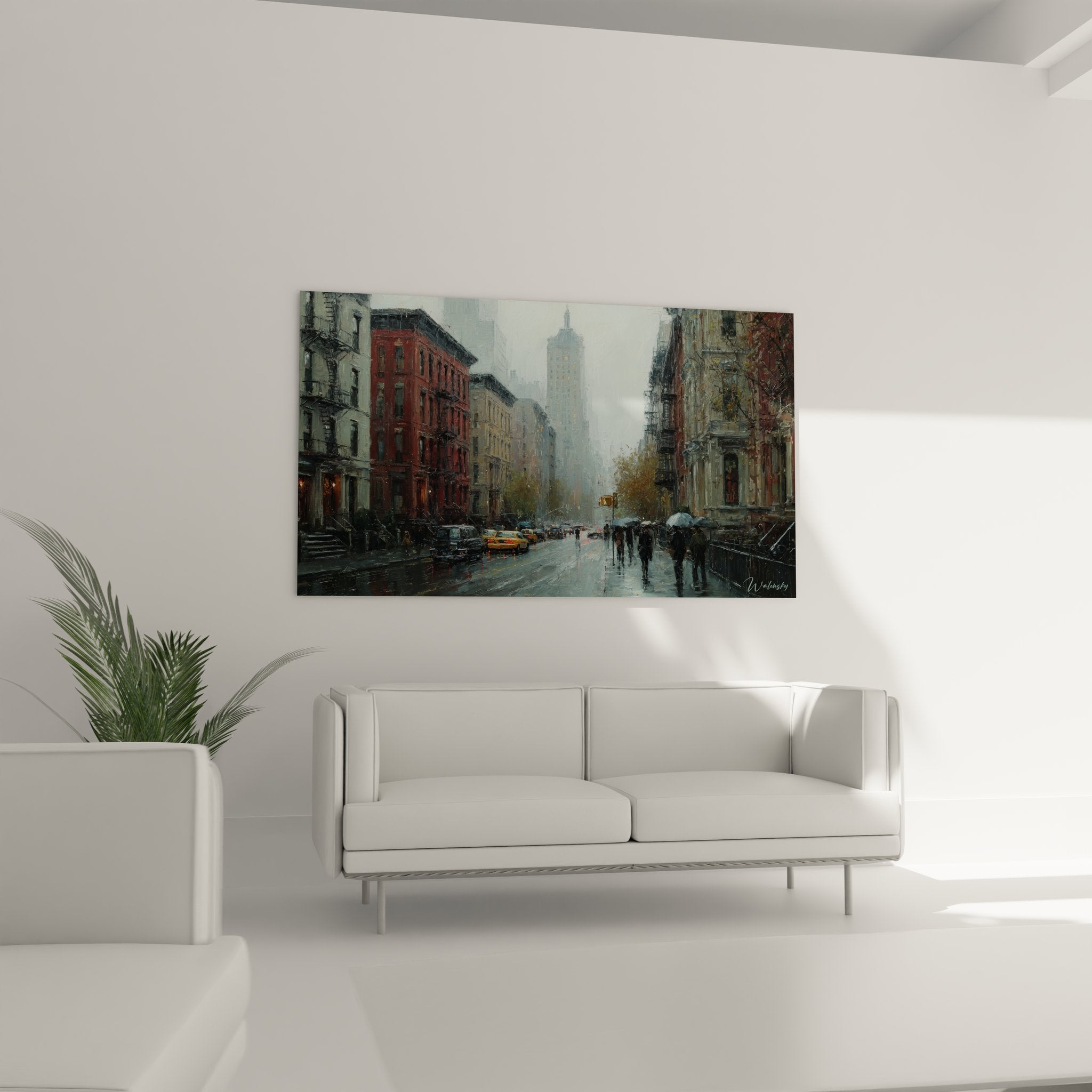 Détail tableau Manhattan pluie avec reflets asphalte mouillé et architecture brownstones authentique