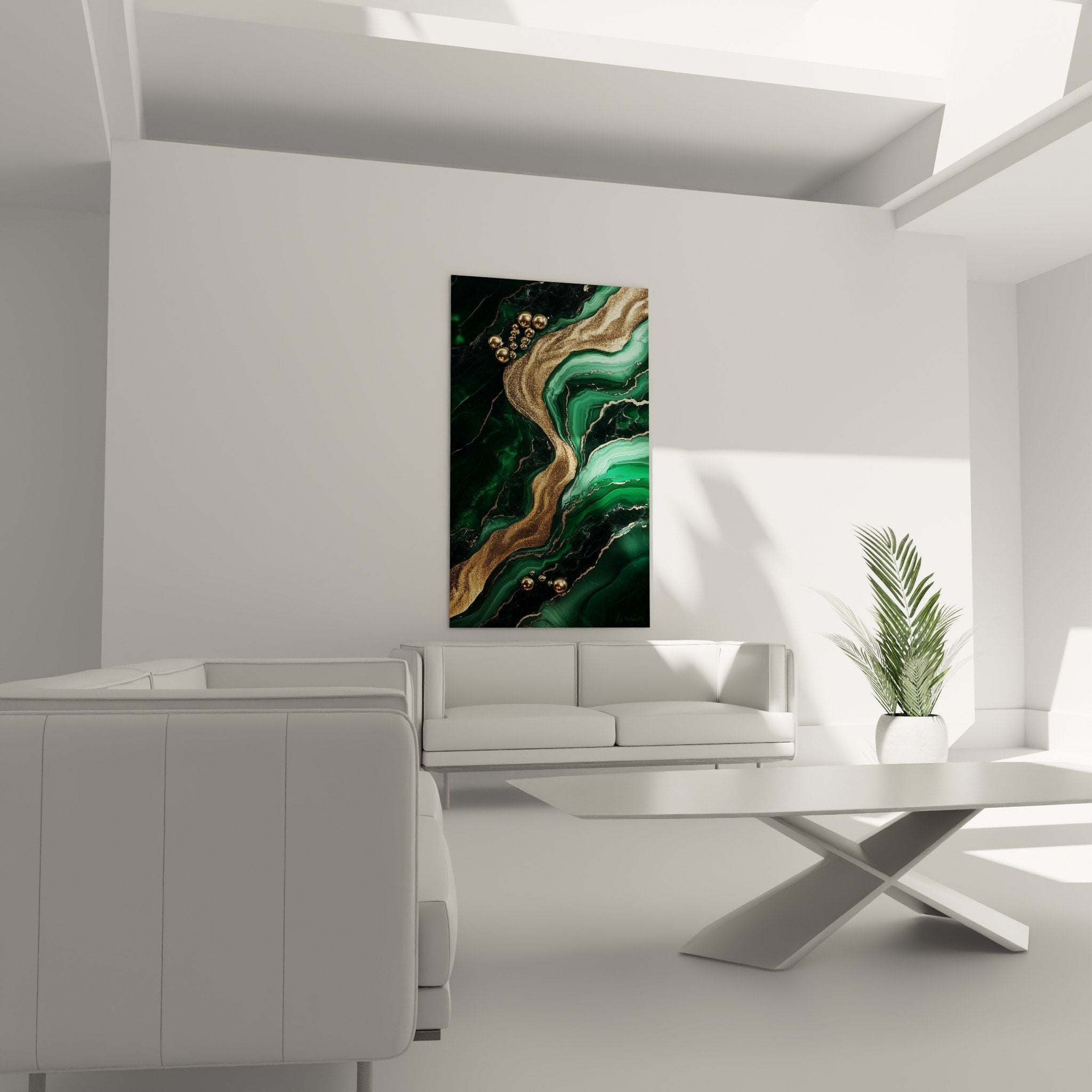 Gros plan sur les détails du tableau marbre abstrait montrant les sphères dorées et textures vertes profondes
