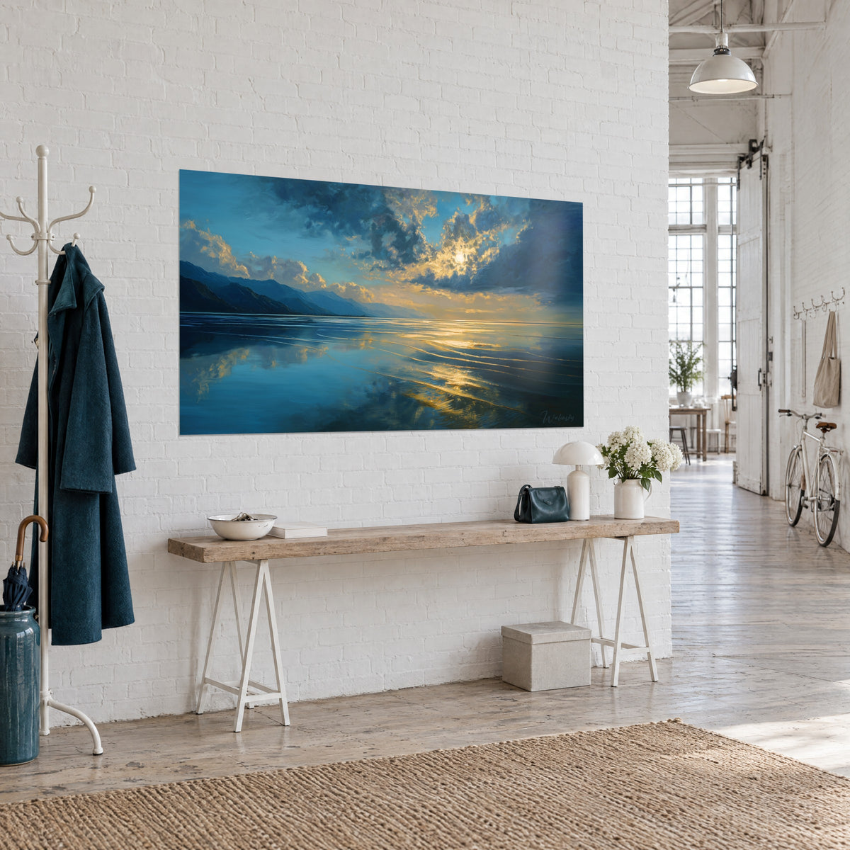 Wall art shimmering seascape, amber streaks of light on turquoise water, dark clouds pierced by sunshine, three-quarter view