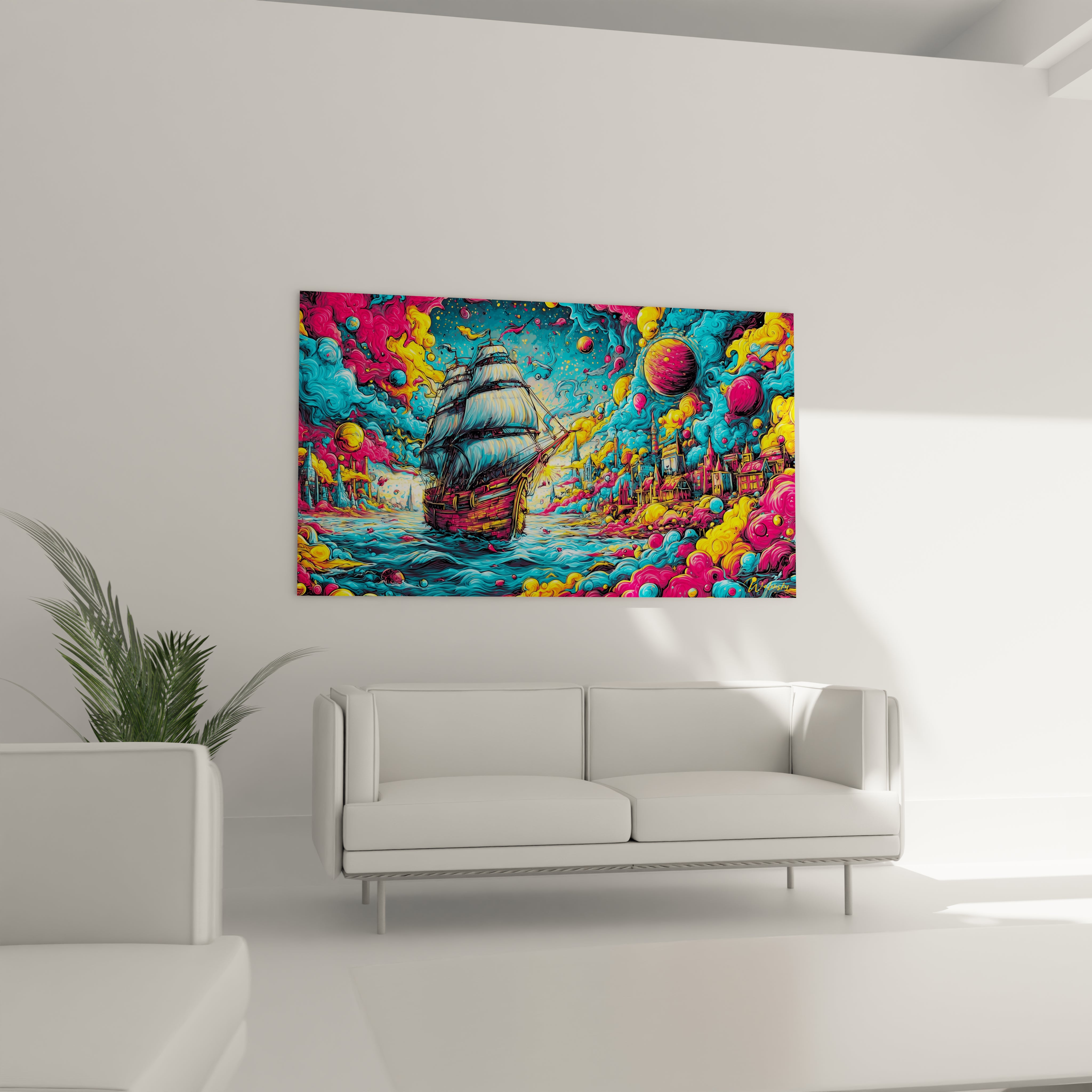 Détail tableau bateau pirate couleurs saturées style psychédélique art décoratif maritime gros plan