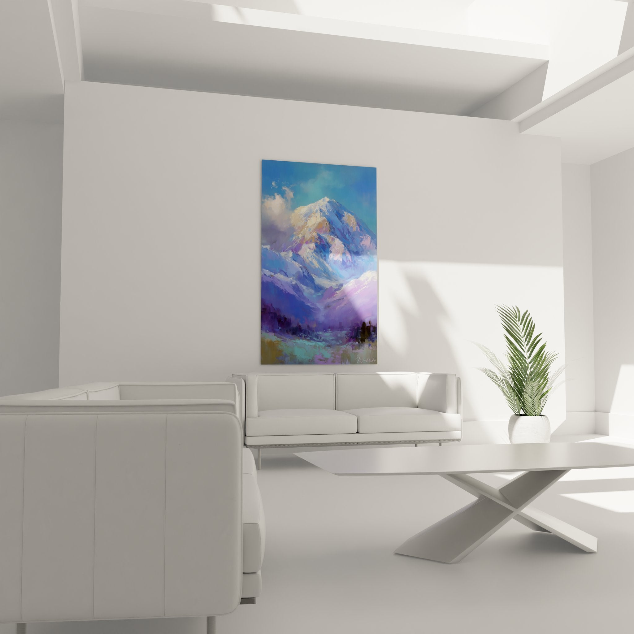 Détail tableau mont enneigé, technique picturale glaciers alpins, empâtements colorés bleu violet doré