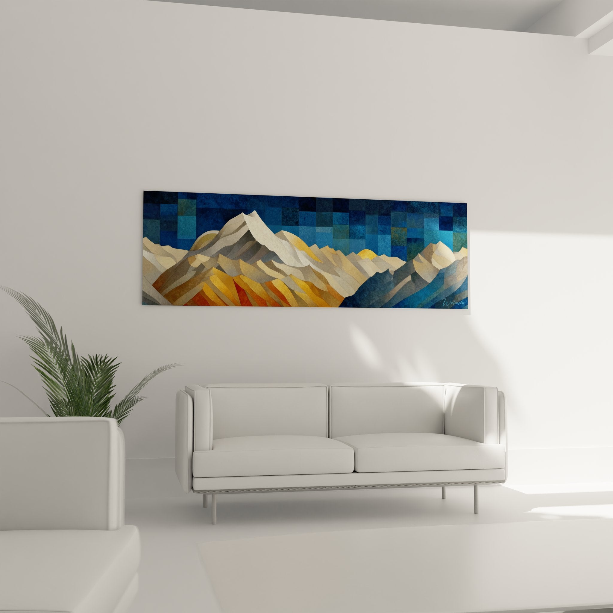 Détail tableau montagne abstraite formes géométriques colorées art mural contemporain